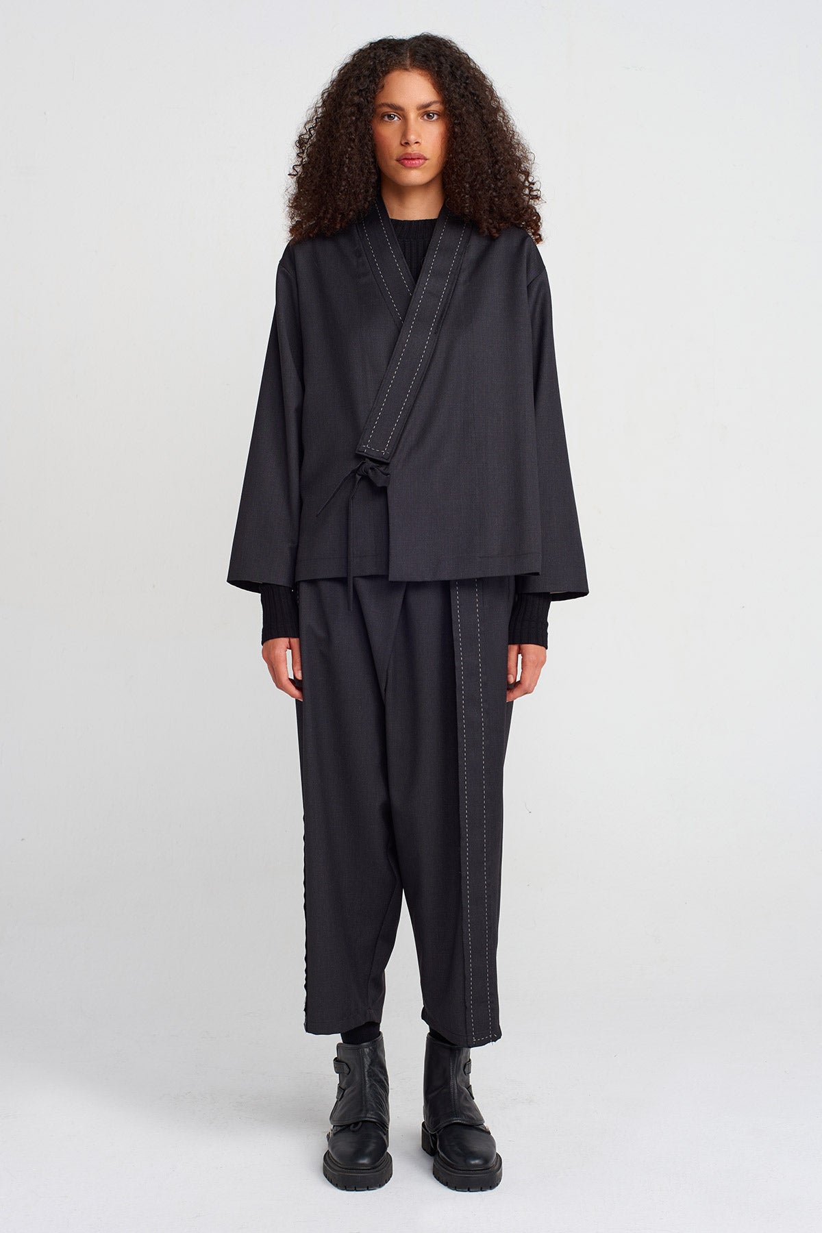 Anthracite Stitch Detail Wrap Closure Blazer-K255015043