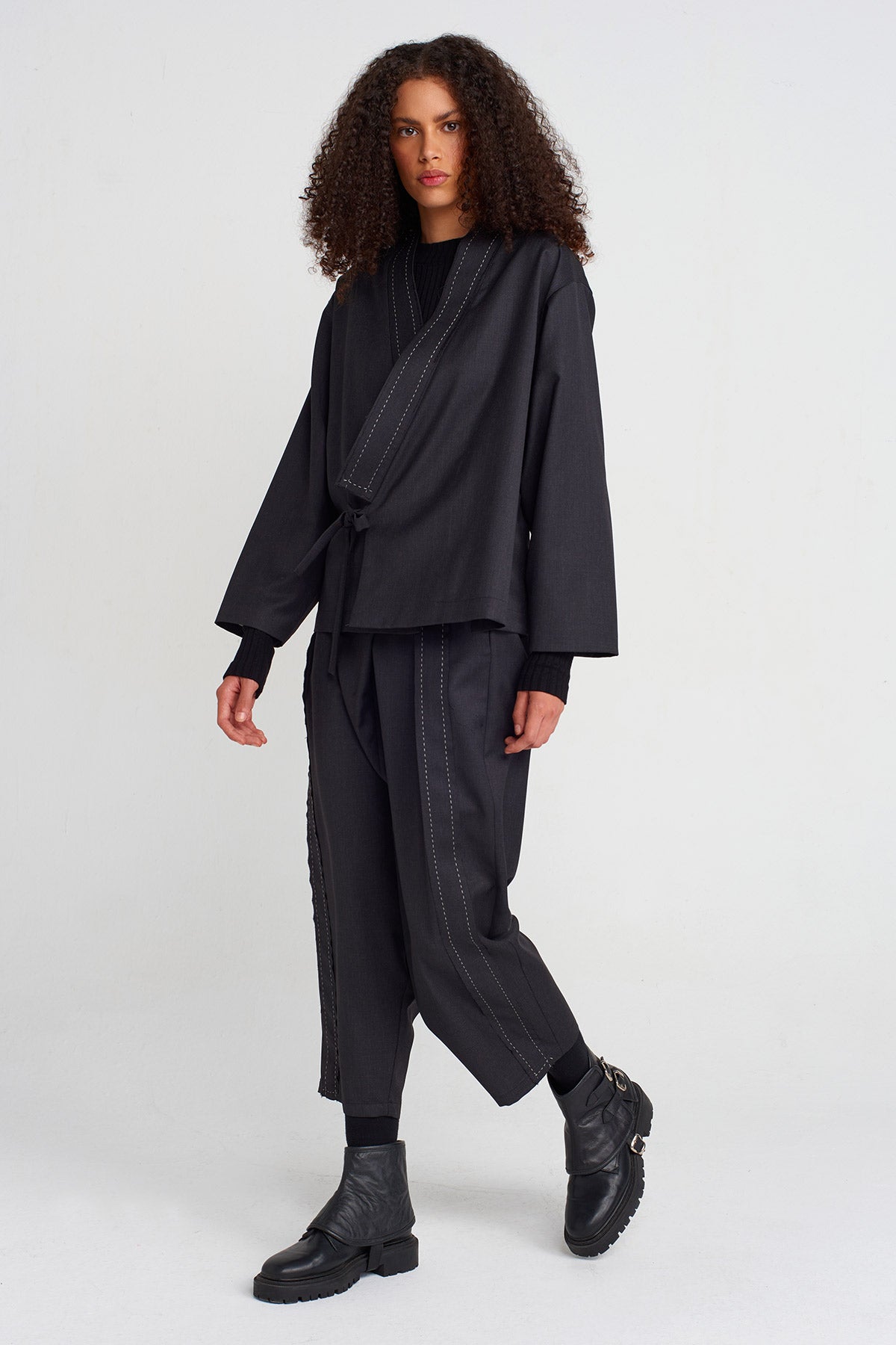 Anthracite Stitch Detail Wrap Closure Blazer-K255015043