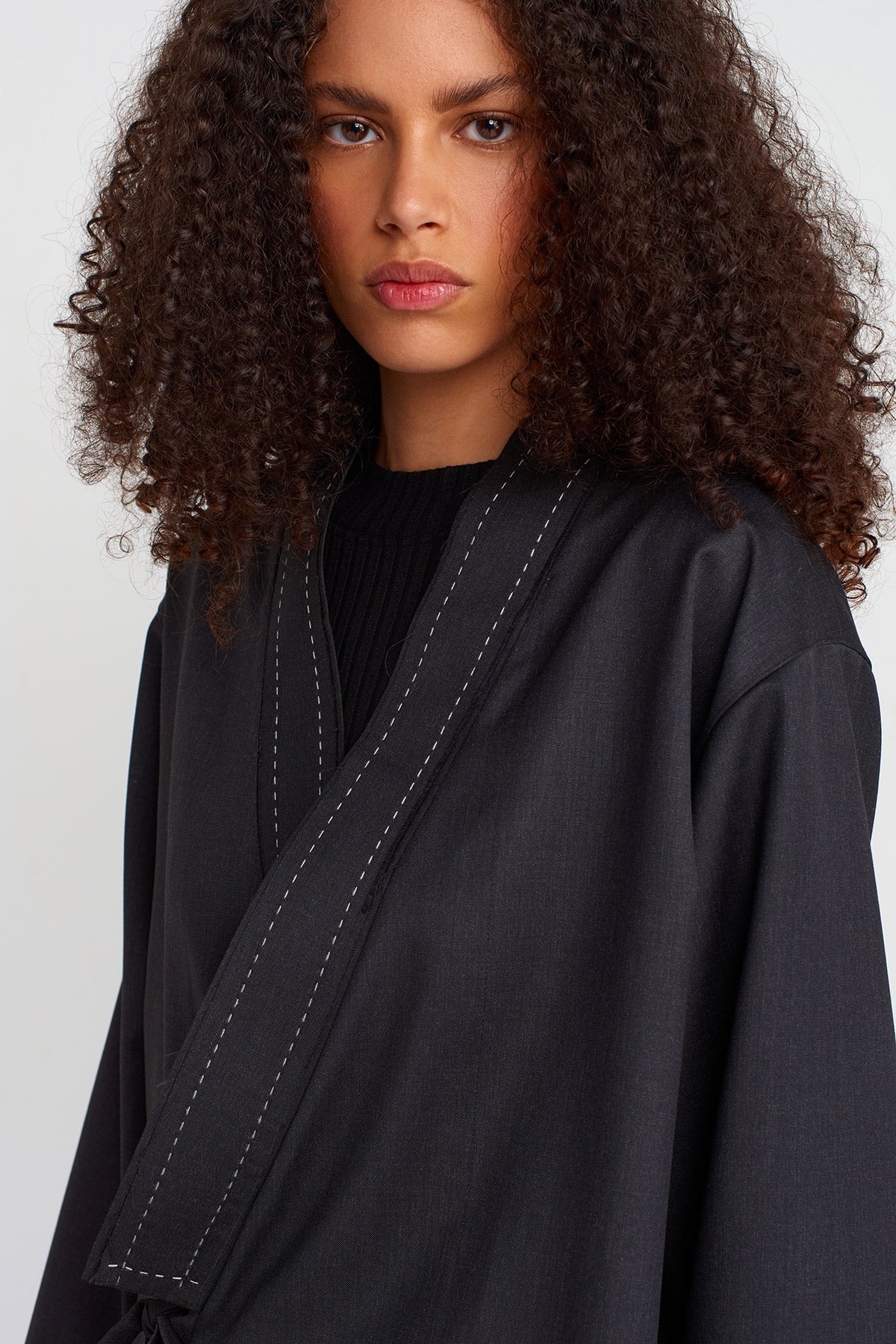 Anthracite Stitch Detail Wrap Closure Blazer-K255015043
