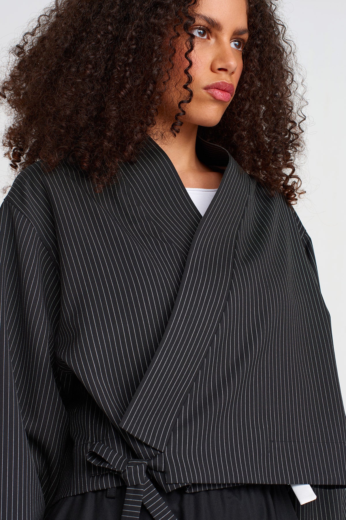 Black Striped Wrap Closure Short Blazer-K255015044