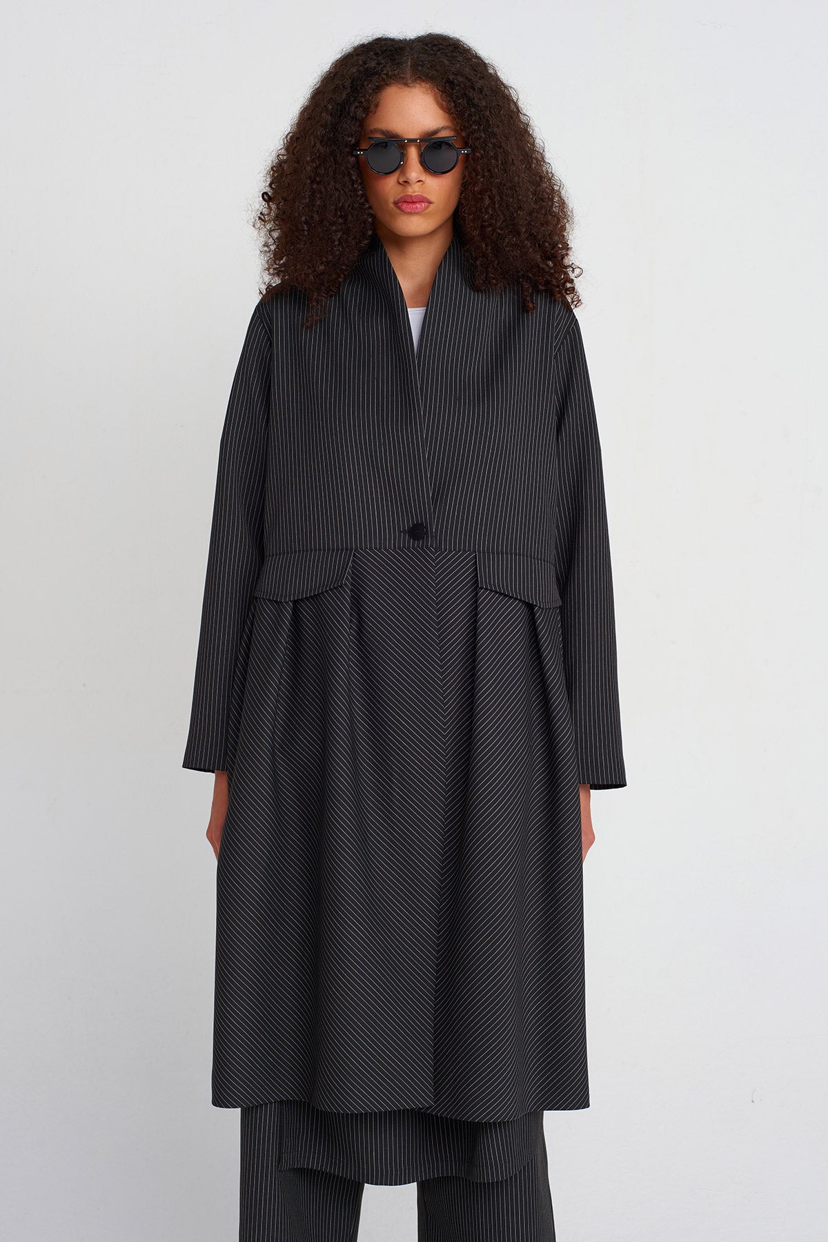 Black Striped Long Blazer-K255015045