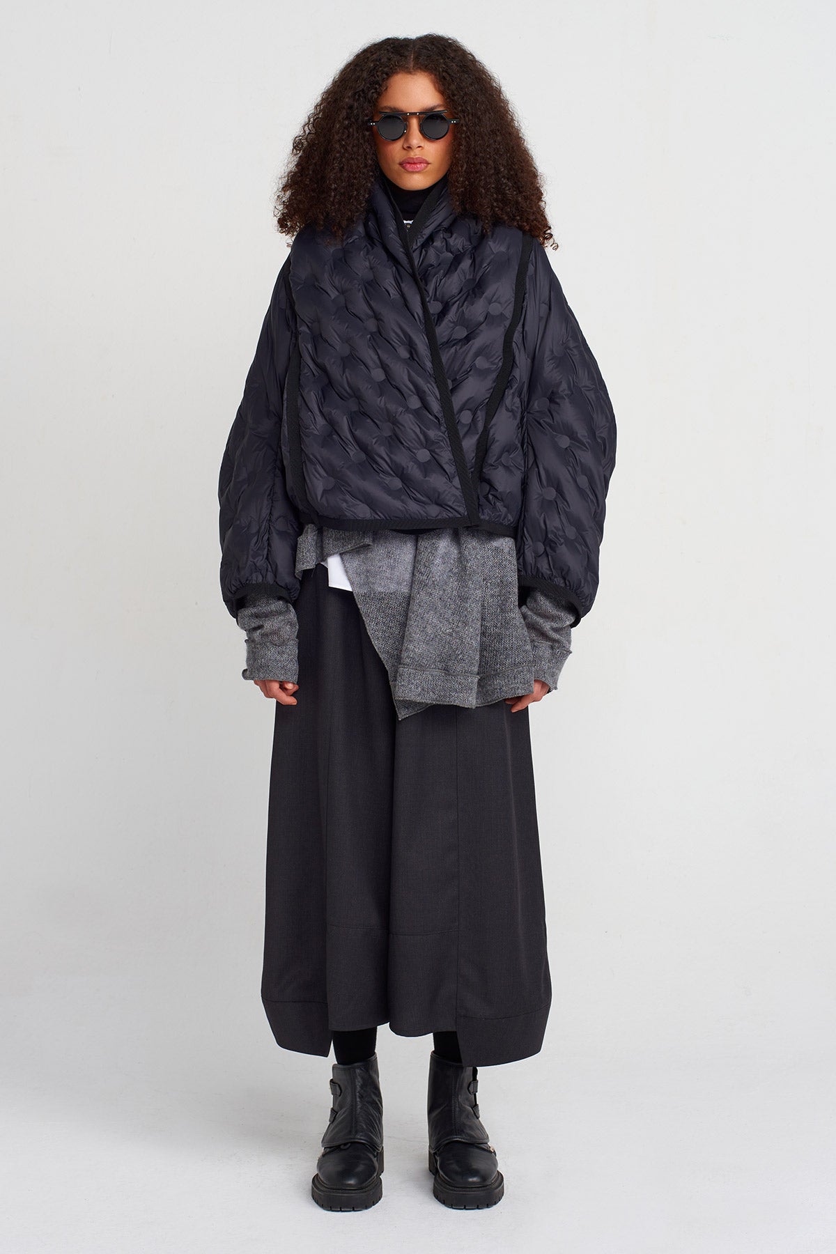 Black Quilted Short Bomber Jacket-K255015046