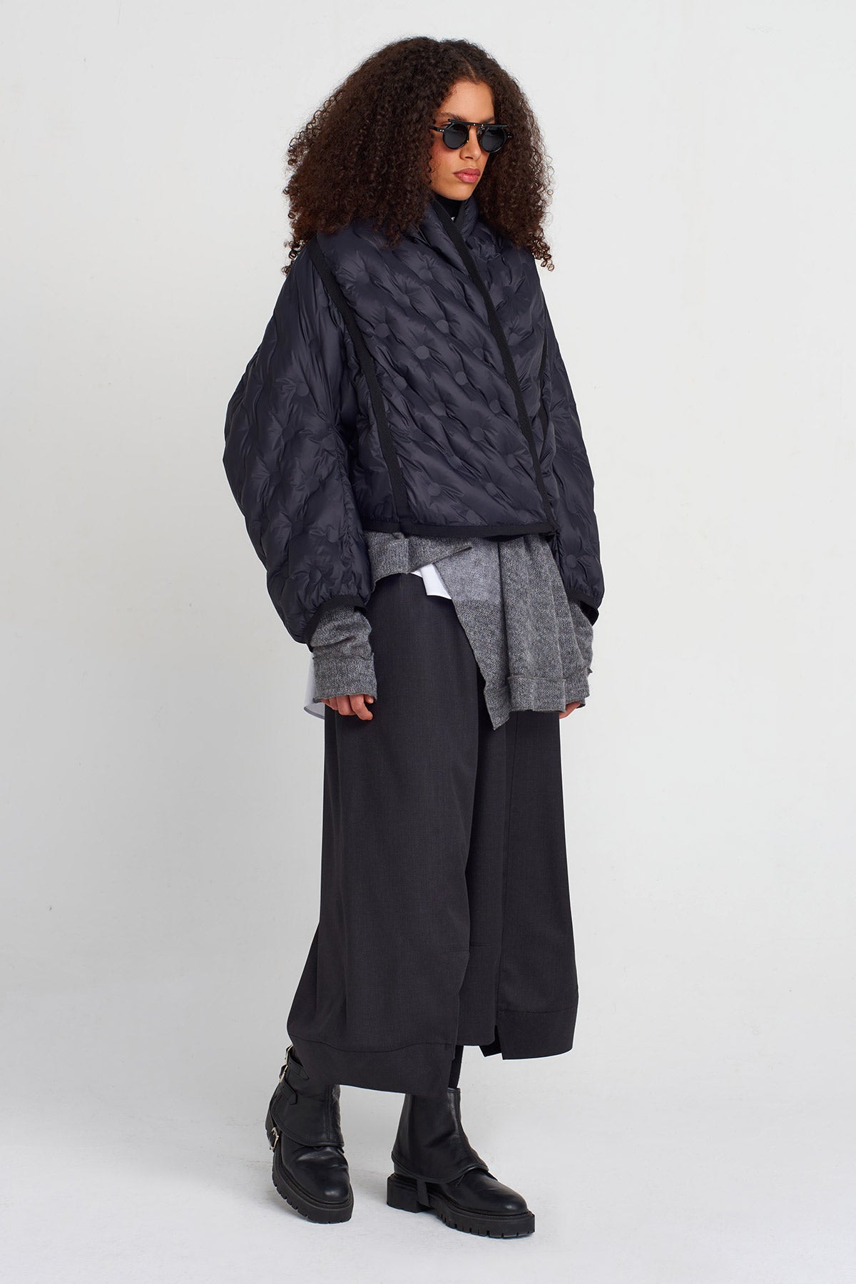 Black Quilted Short Bomber Jacket-K255015046
