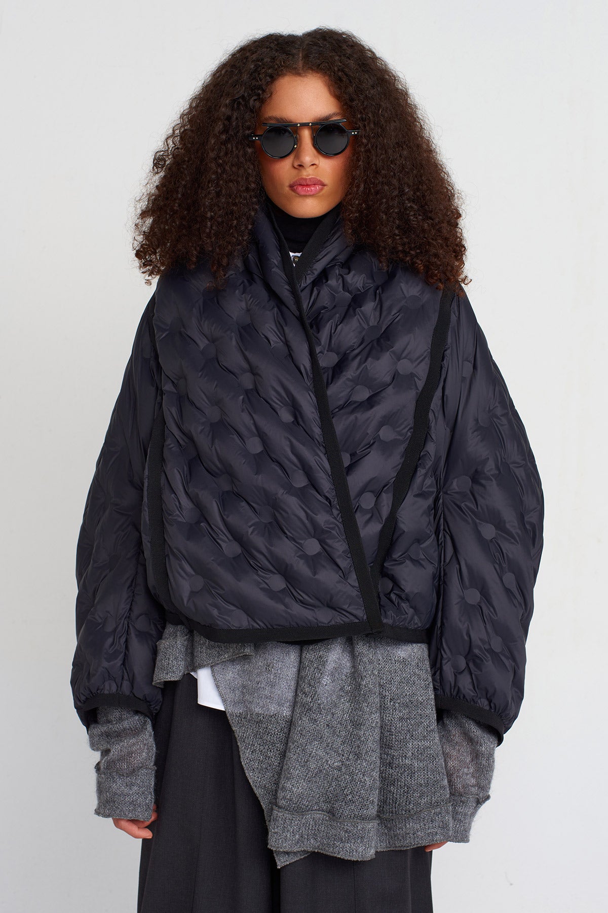 Black Quilted Short Bomber Jacket-K255015046