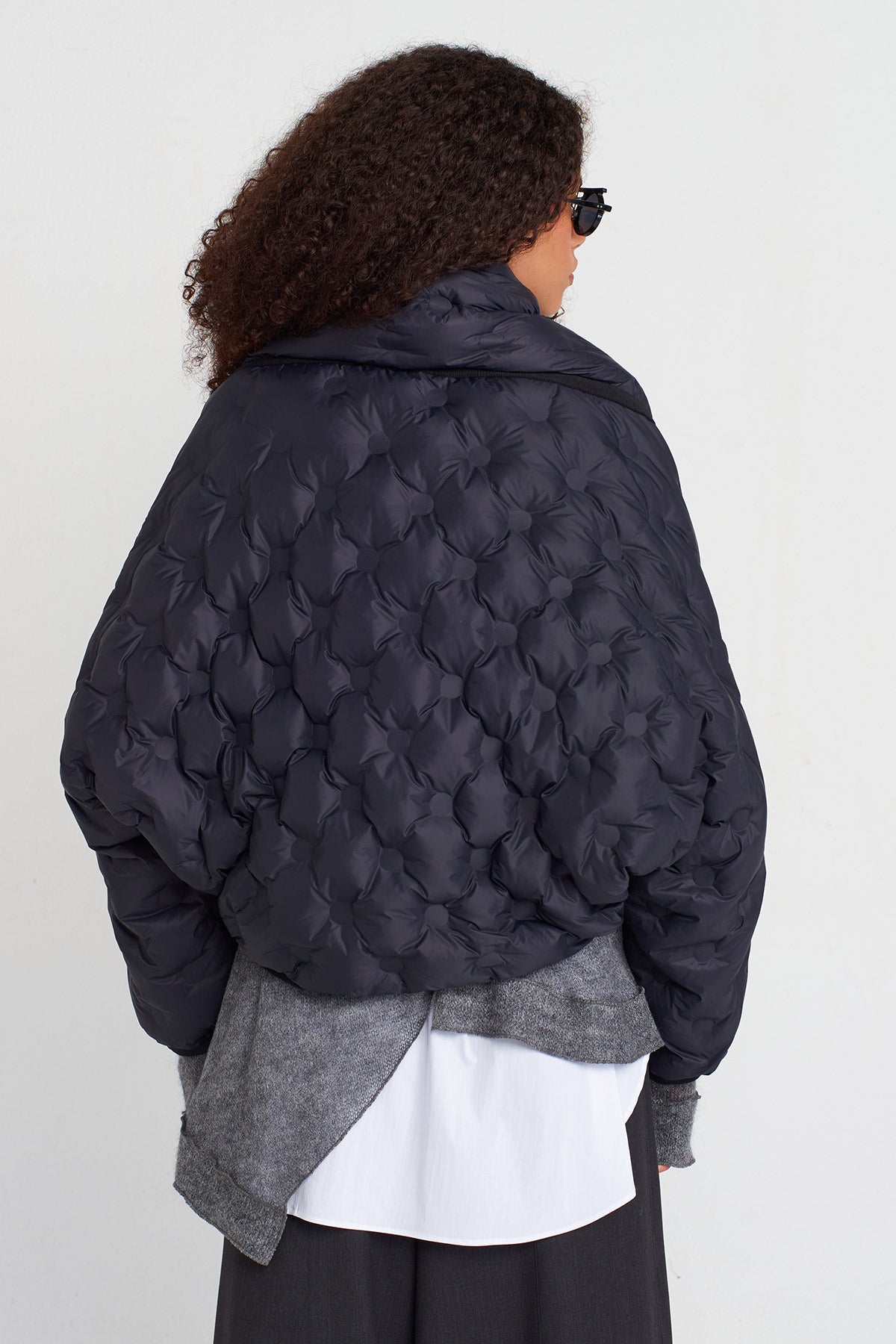 Black Quilted Short Bomber Jacket-K255015046