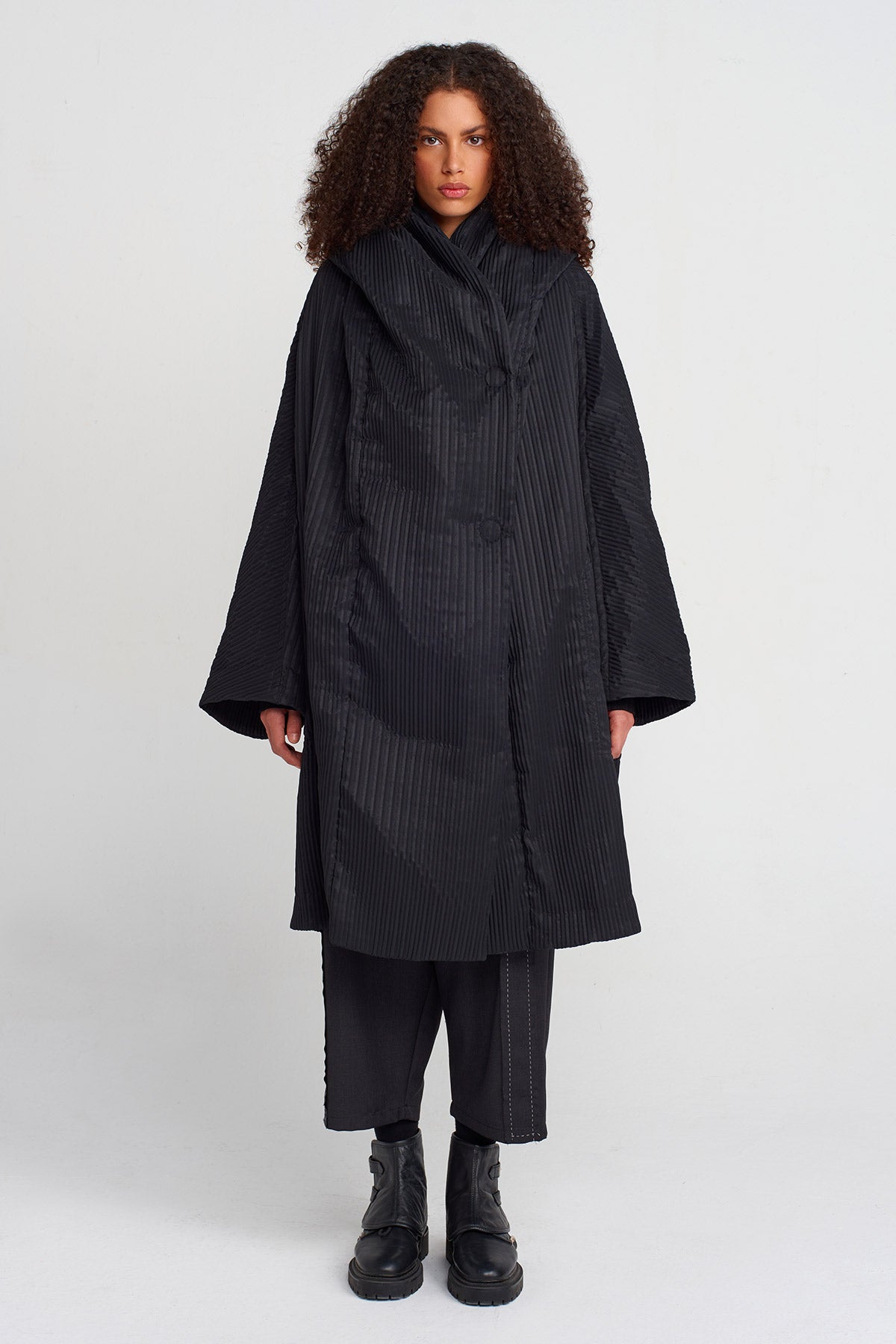 Black Self-Striped Oversized Coat-K255015048