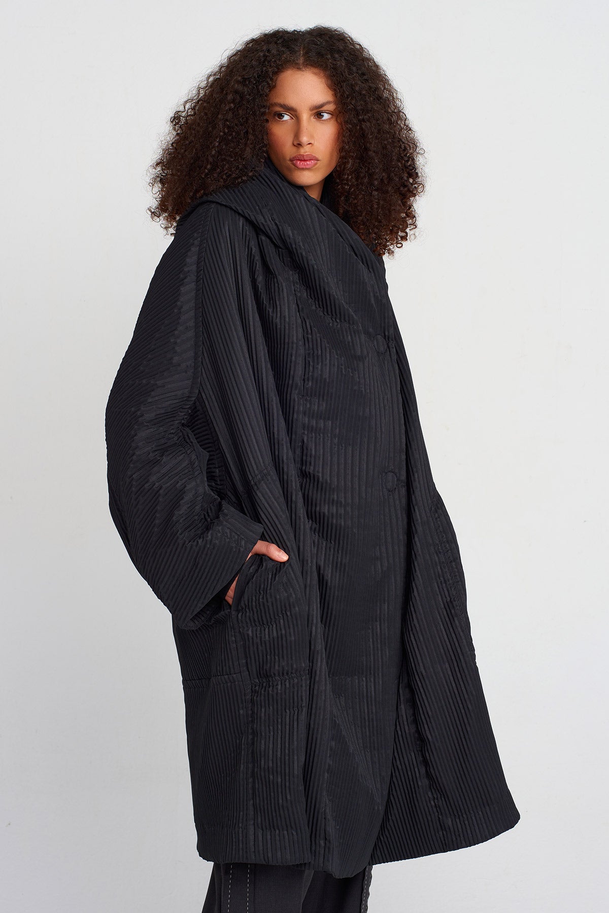 Black Self-Striped Oversized Coat-K255015048
