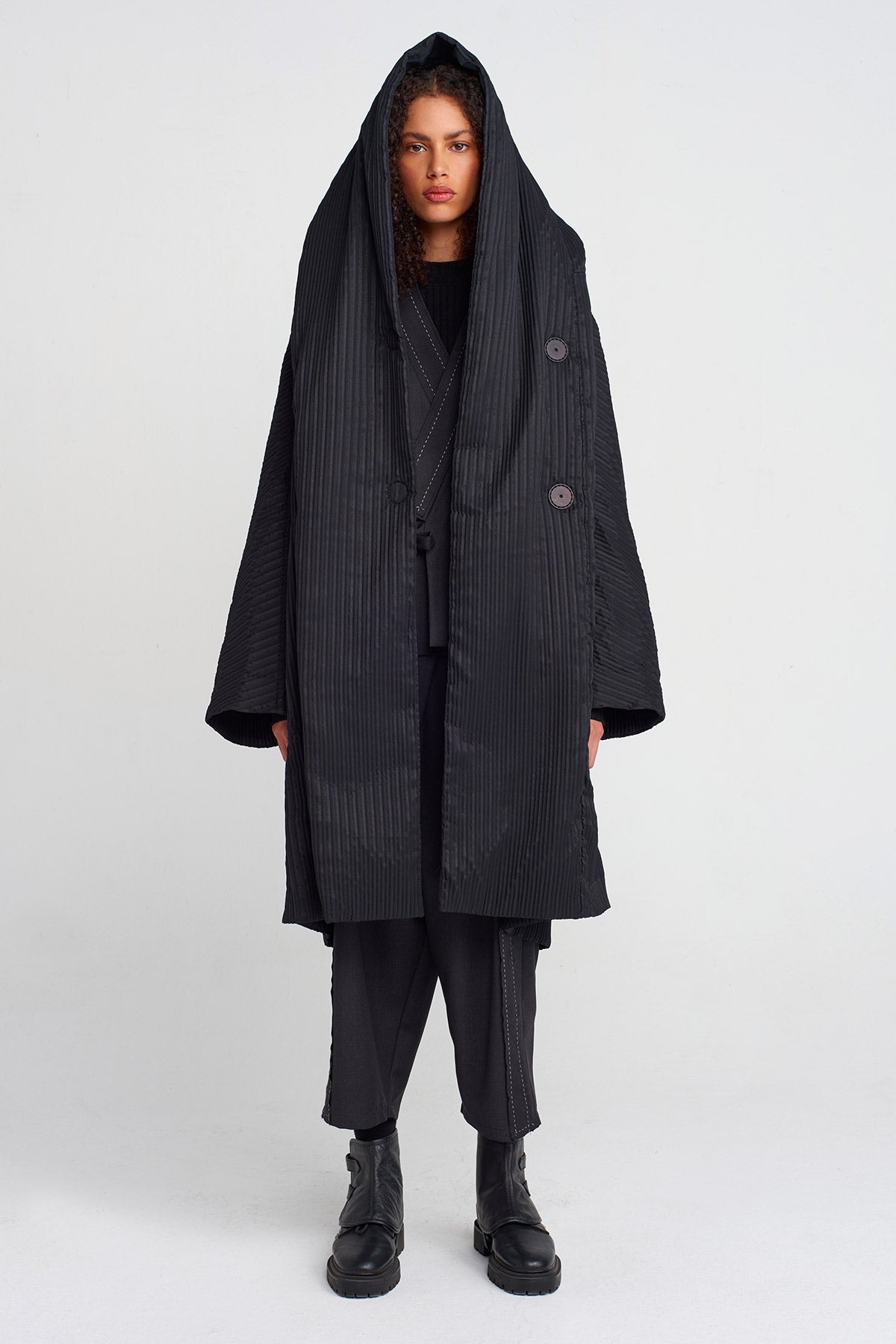 Black Self-Striped Oversized Coat-K255015048