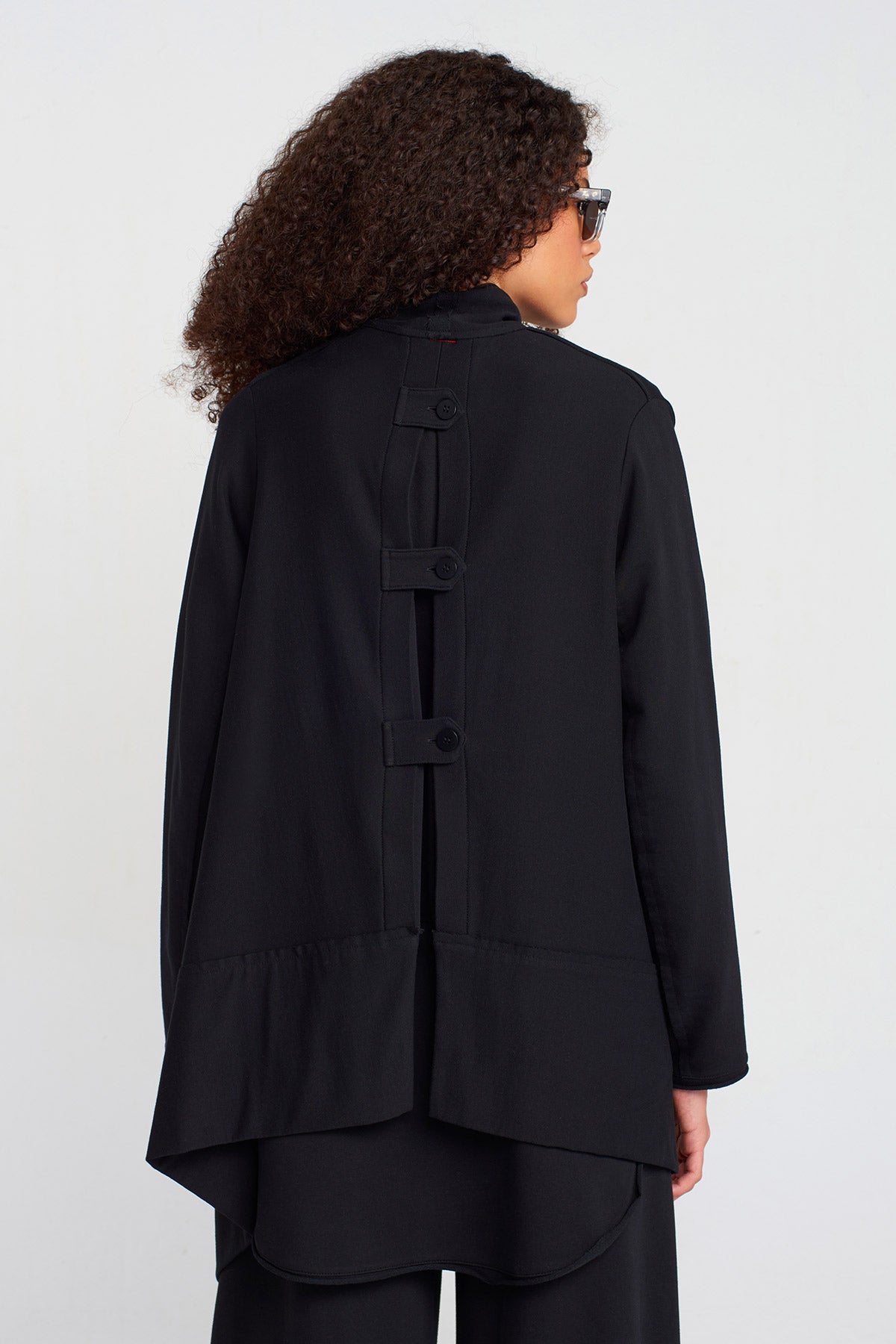 Black Asymmetric Cardigan with Zipper and Button Details-K255015049