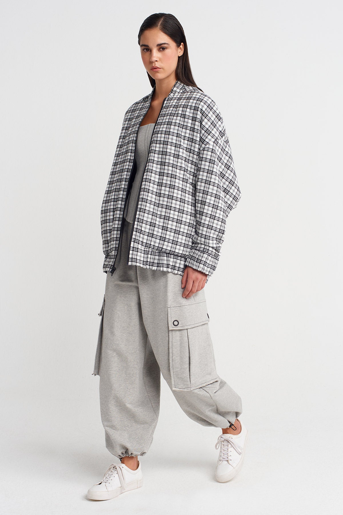 Black/White Plaid Long Bomber Jacket-K255015050