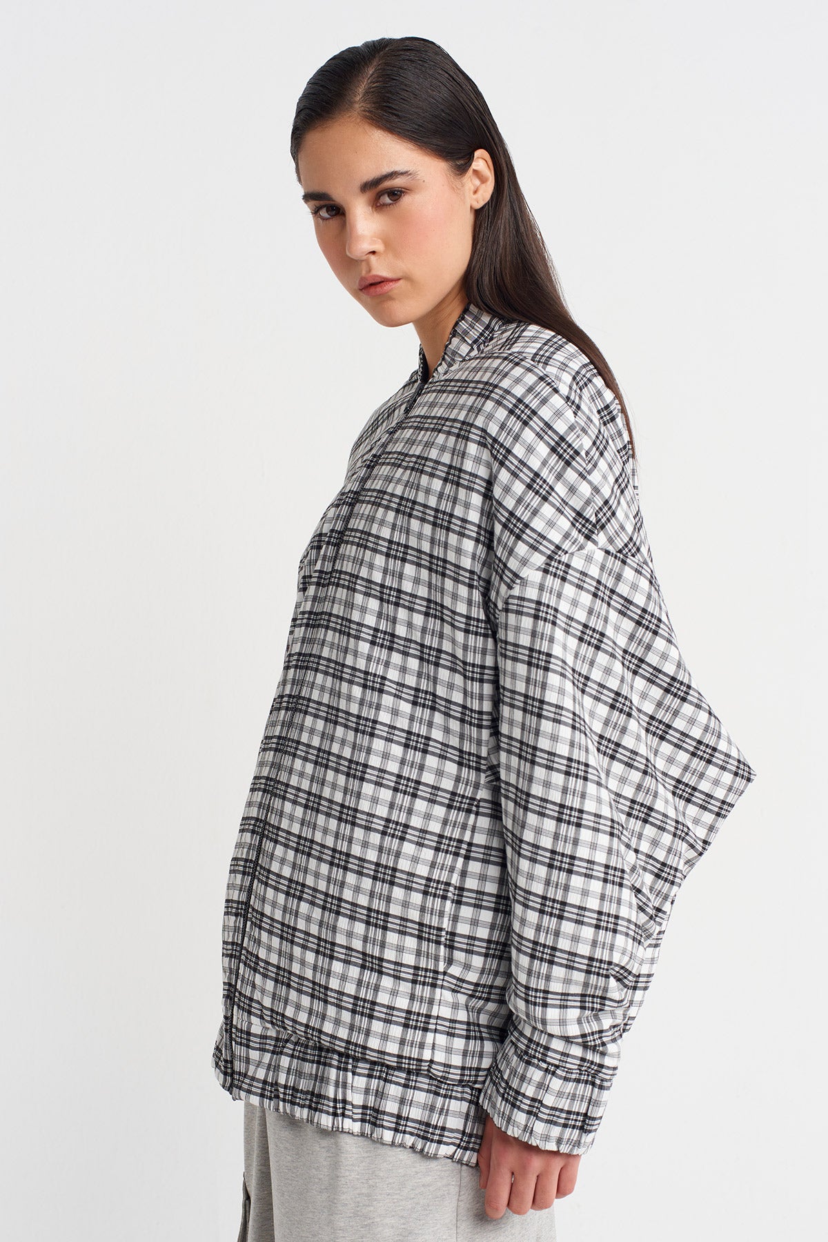 Black/White Plaid Long Bomber Jacket-K255015050