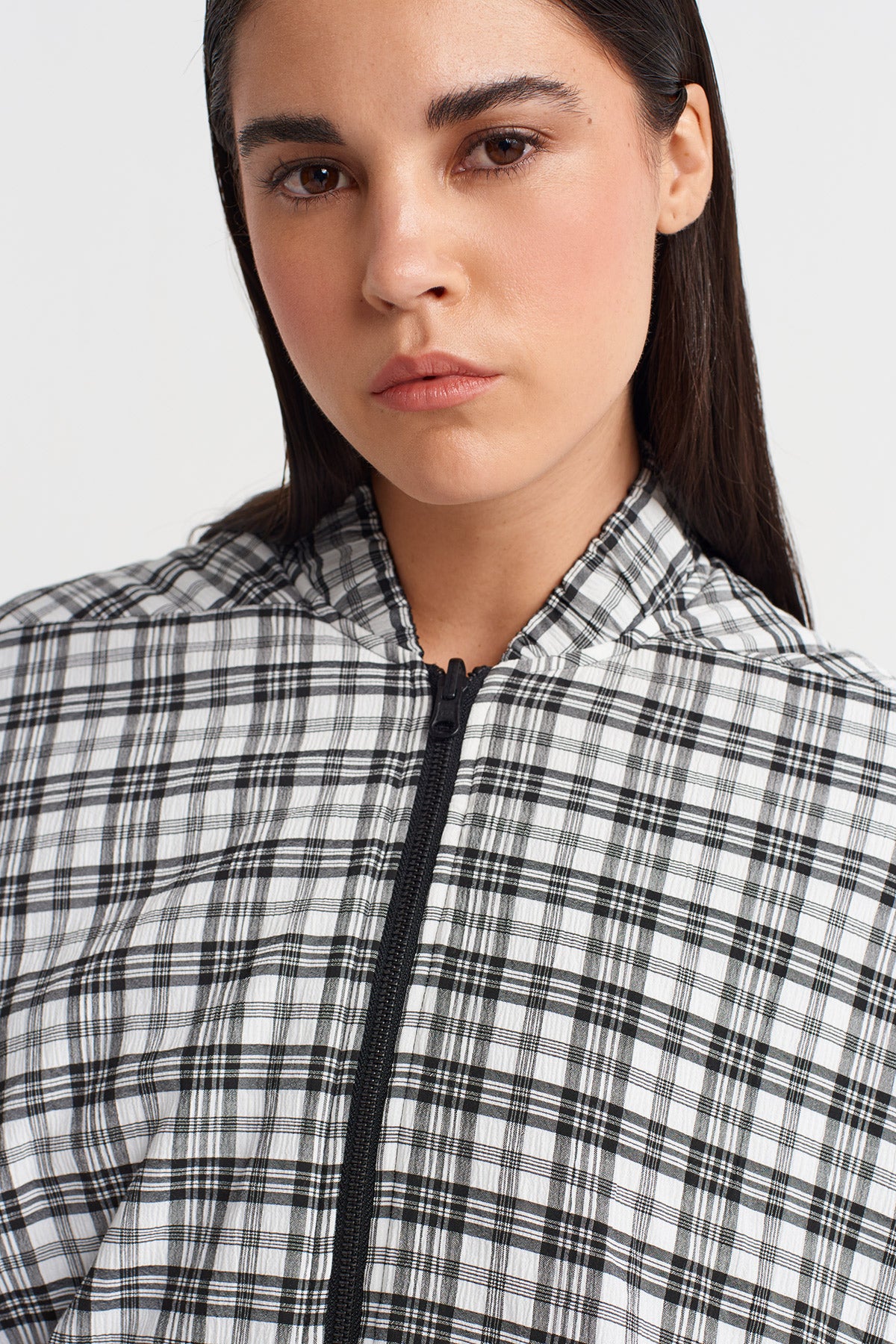 Black/White Plaid Long Bomber Jacket-K255015050