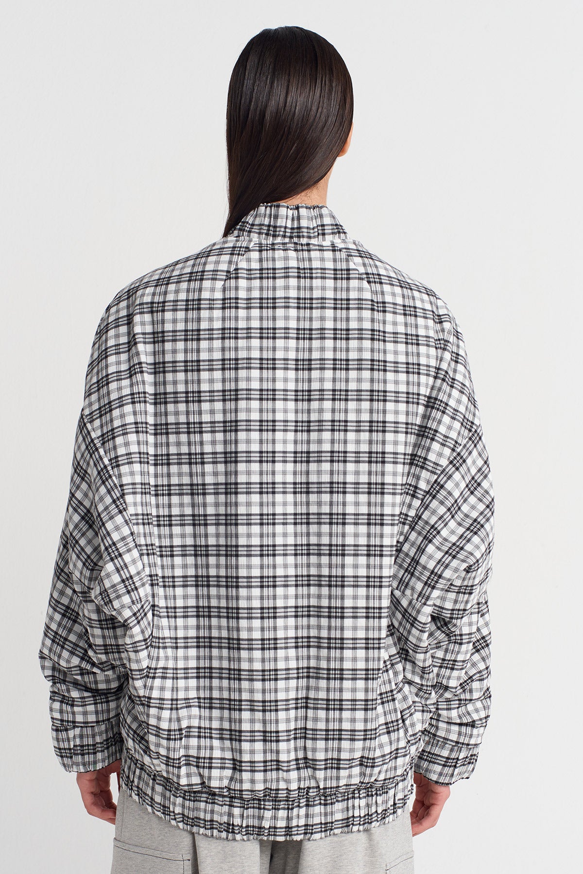 Black/White Plaid Long Bomber Jacket-K255015050