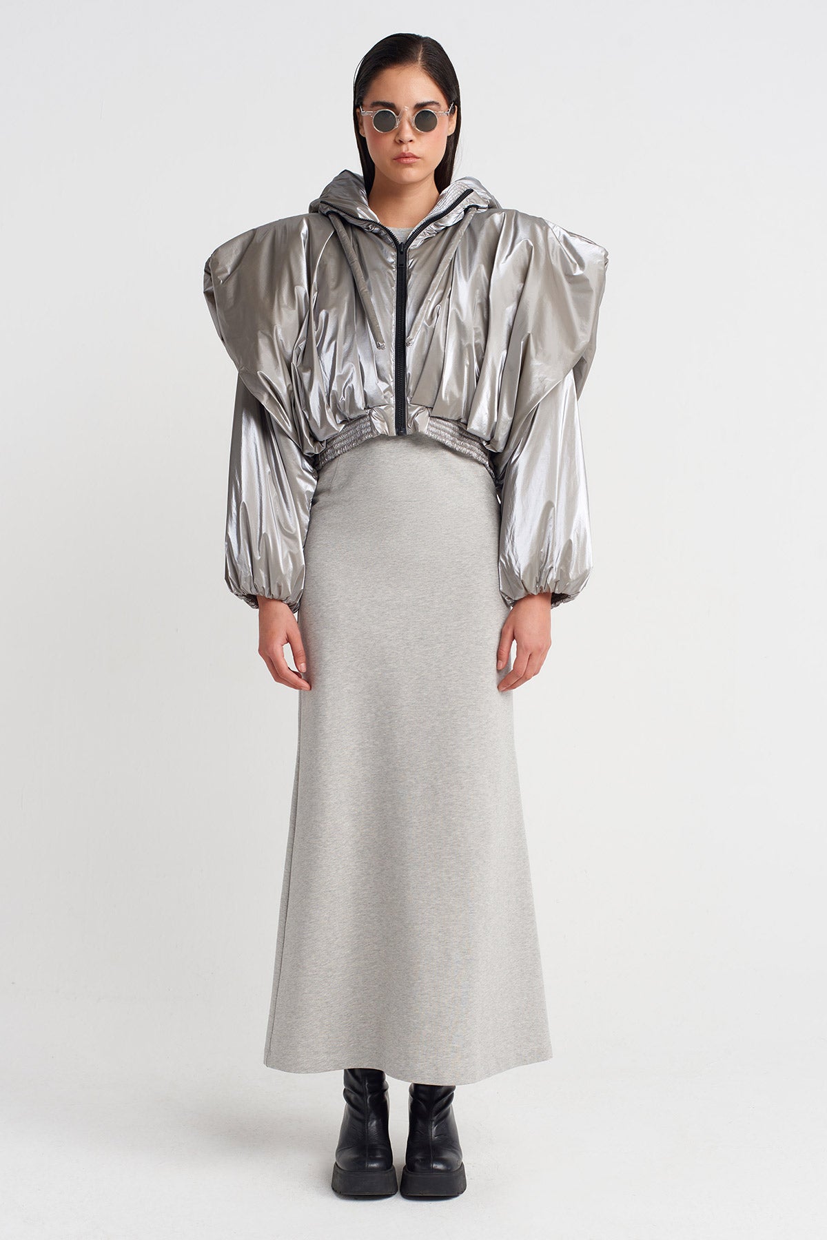 Light Grey Melange Shiny Hooded Short Puffer Jacket-K255015051