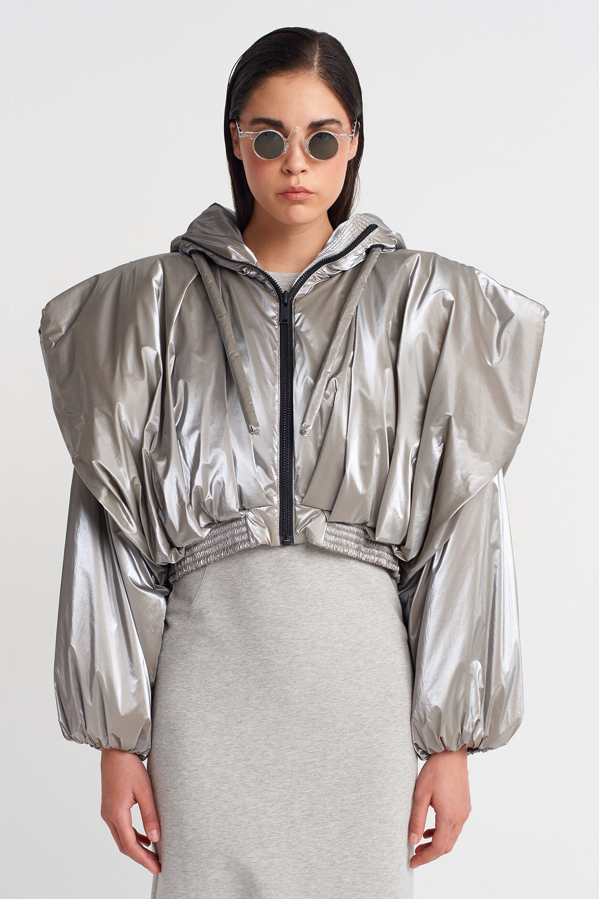Light Grey Melange Shiny Hooded Short Puffer Jacket-K255015051