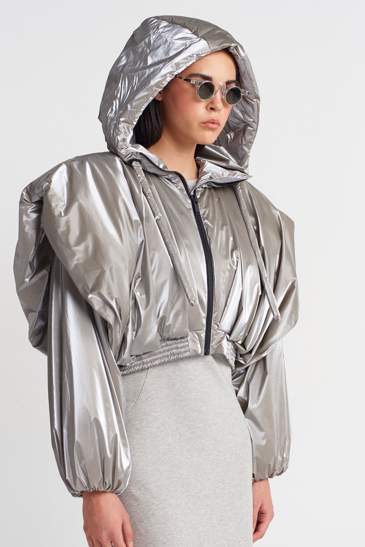 Light Grey Melange Shiny Hooded Short Puffer Jacket-K255015051