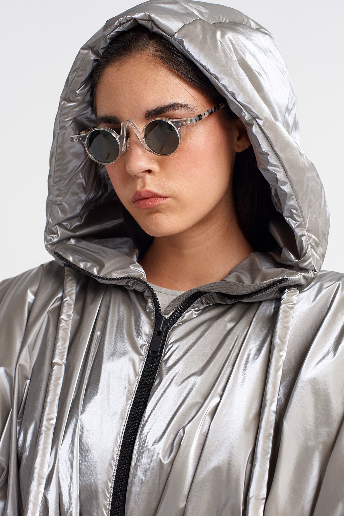 Light Grey Melange Shiny Hooded Short Puffer Jacket-K255015051