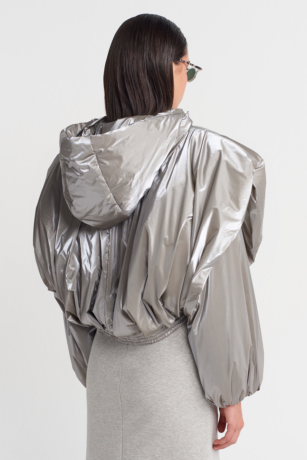 Light Grey Melange Shiny Hooded Short Puffer Jacket-K255015051