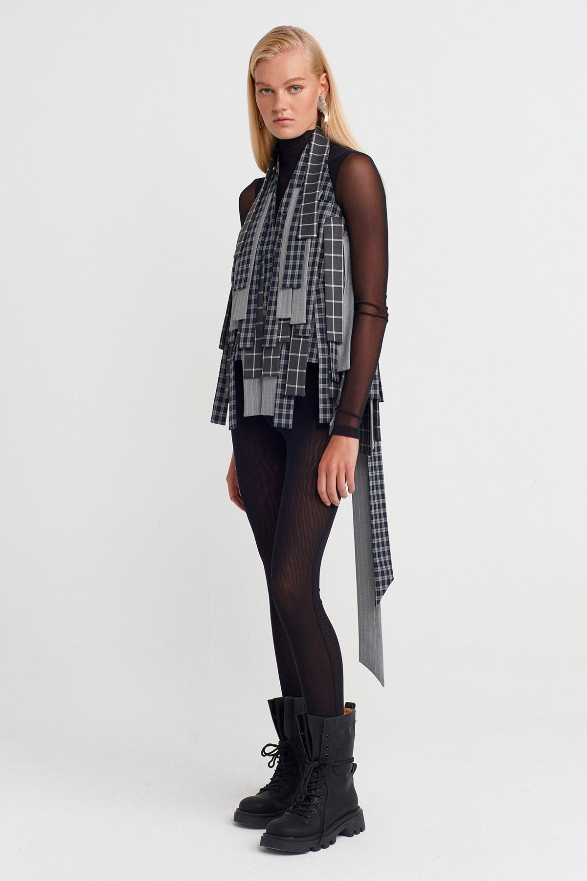 Multicolor Plaid Paneled Jacket with Back Tie-K255015052