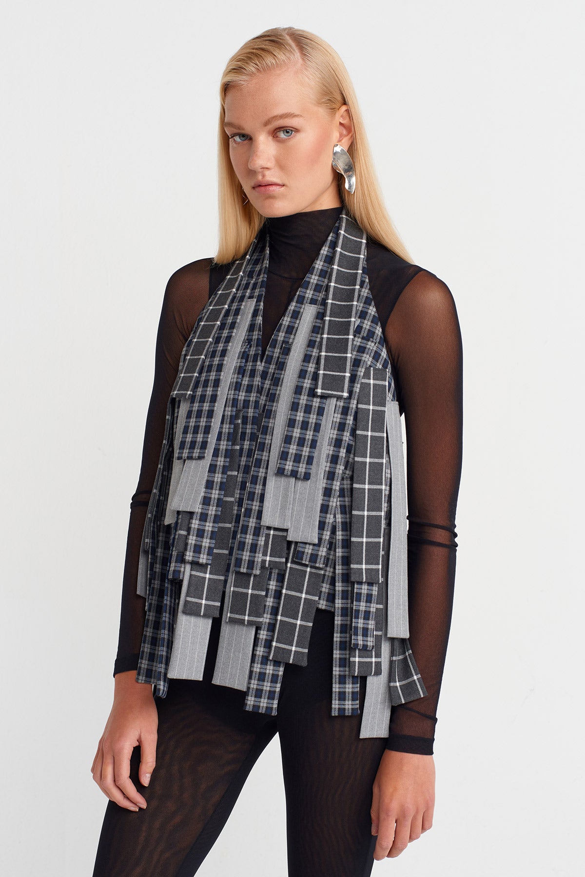 Multicolor Plaid Paneled Jacket with Back Tie-K255015052