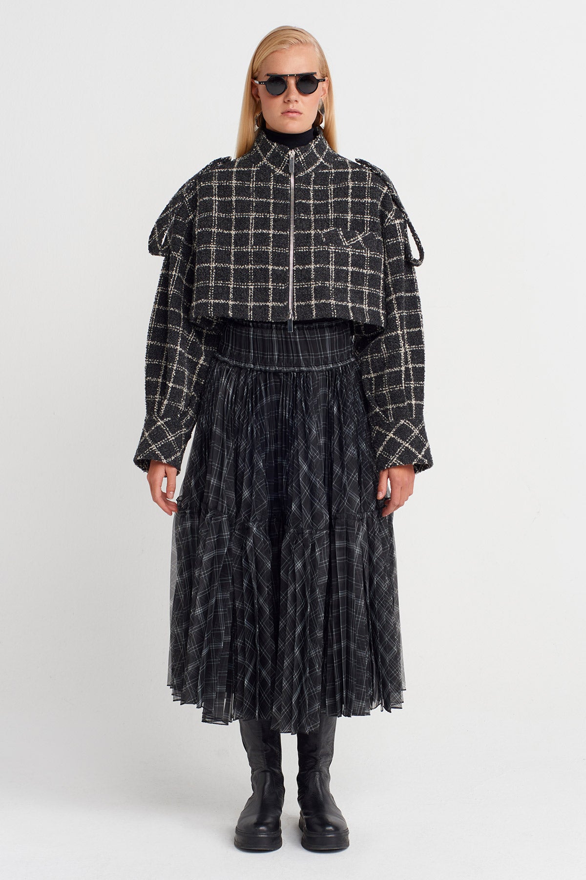 Grey/White Plaid Tweed Jacket-K255015053