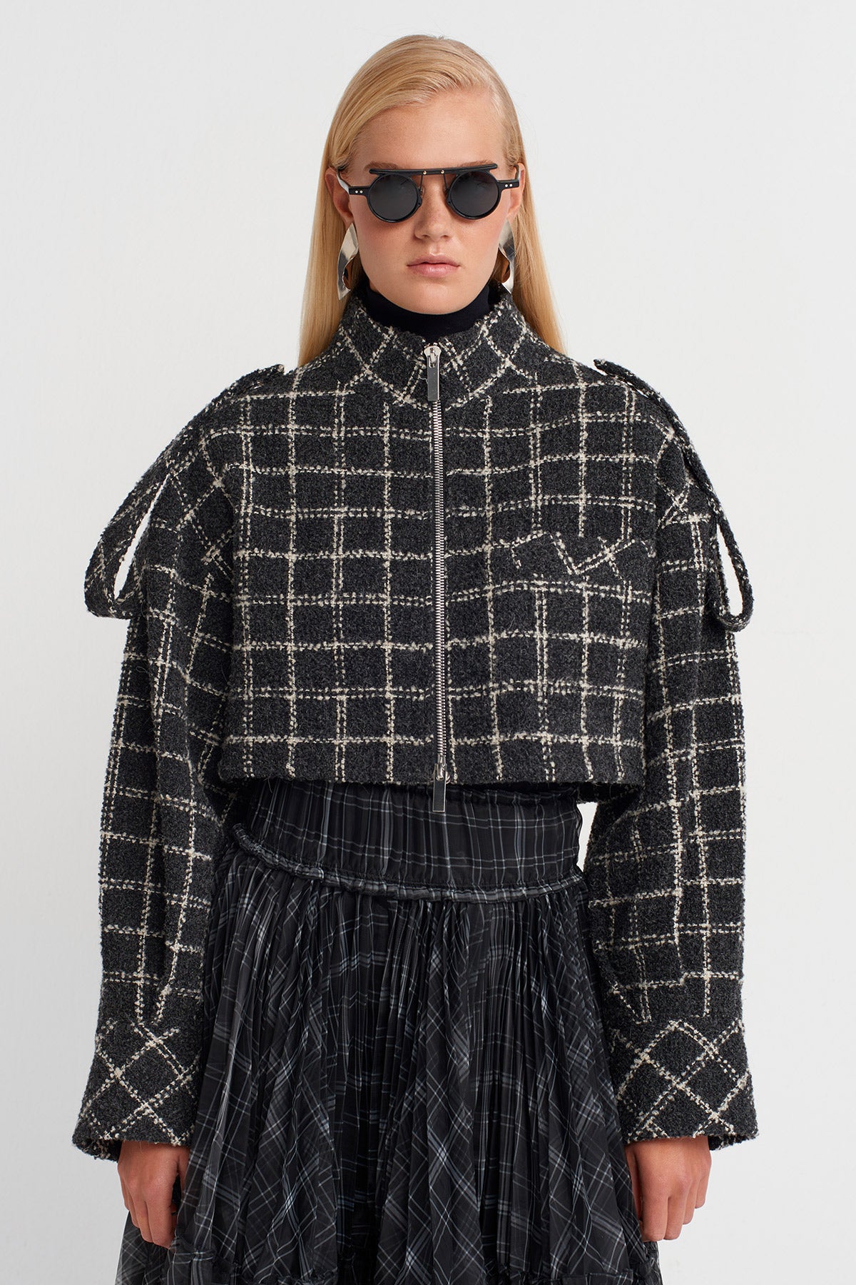 Grey/White Plaid Tweed Jacket-K255015053