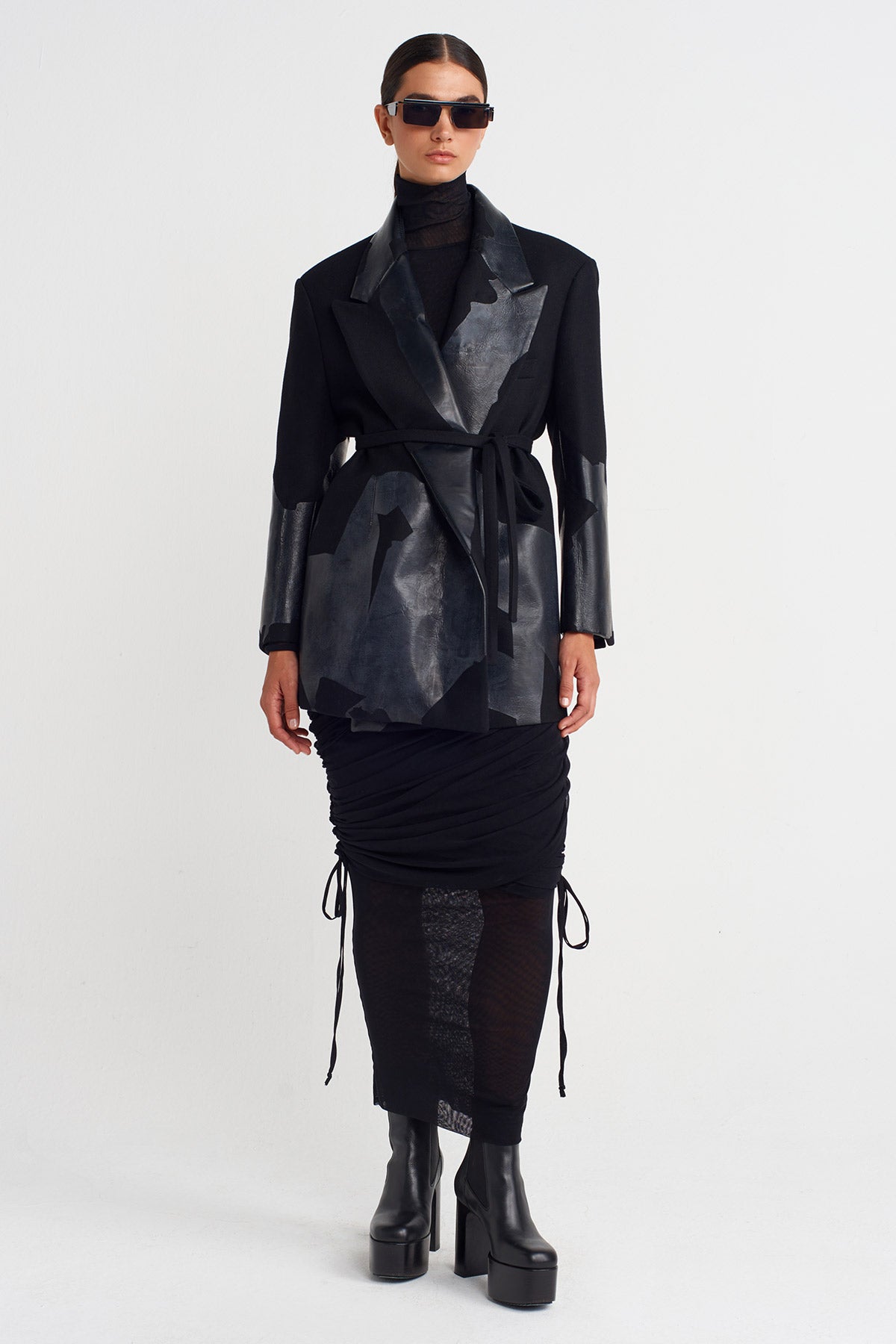Black Printed Tie-Waist Blazer Jacket-K255015056
