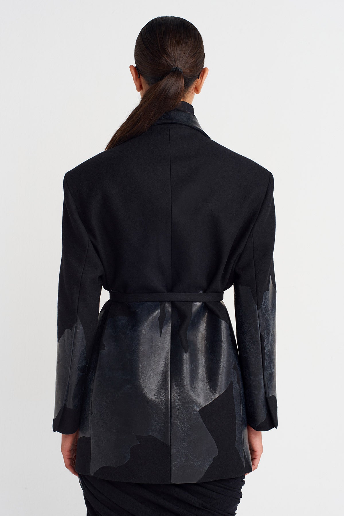 Black Printed Tie-Waist Blazer Jacket-K255015056