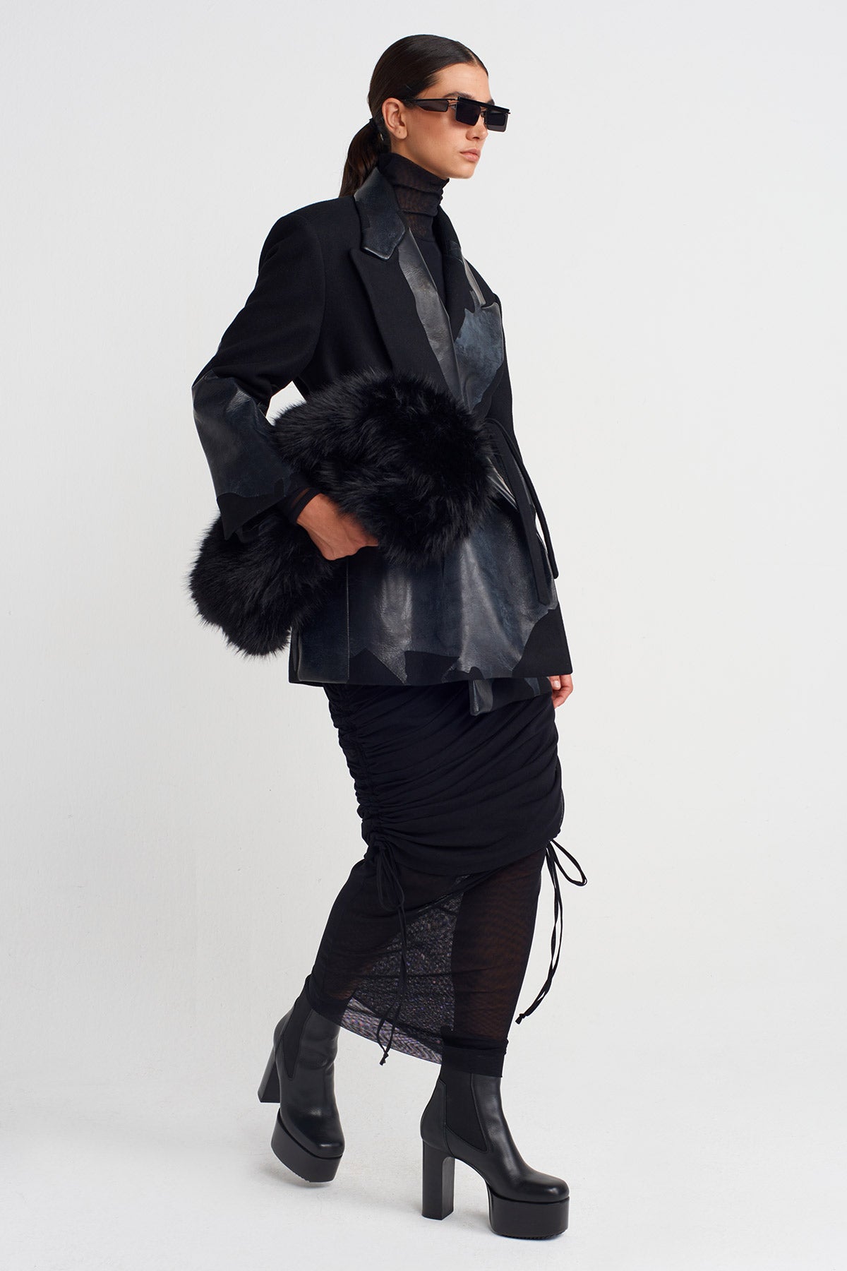 Black Printed Tie-Waist Blazer Jacket-K255015056