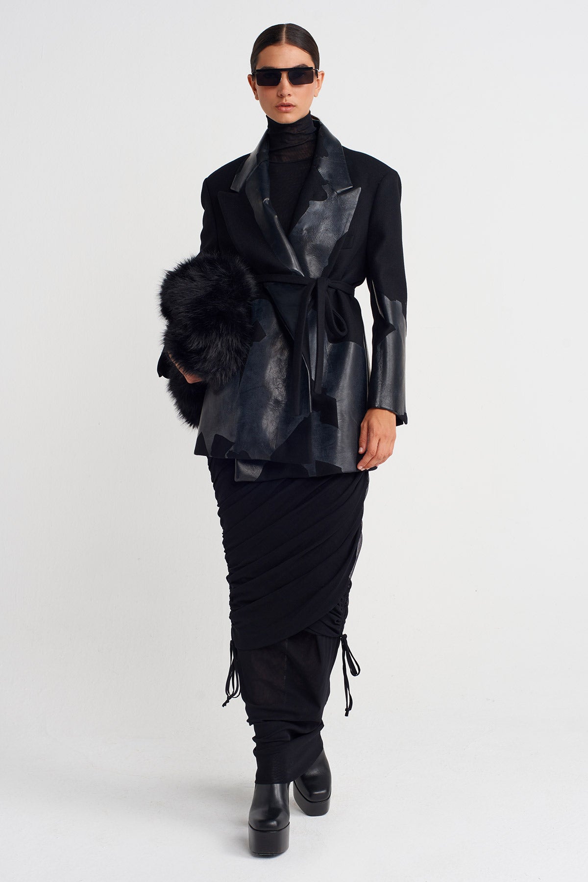 Black Printed Tie-Waist Blazer Jacket-K255015056
