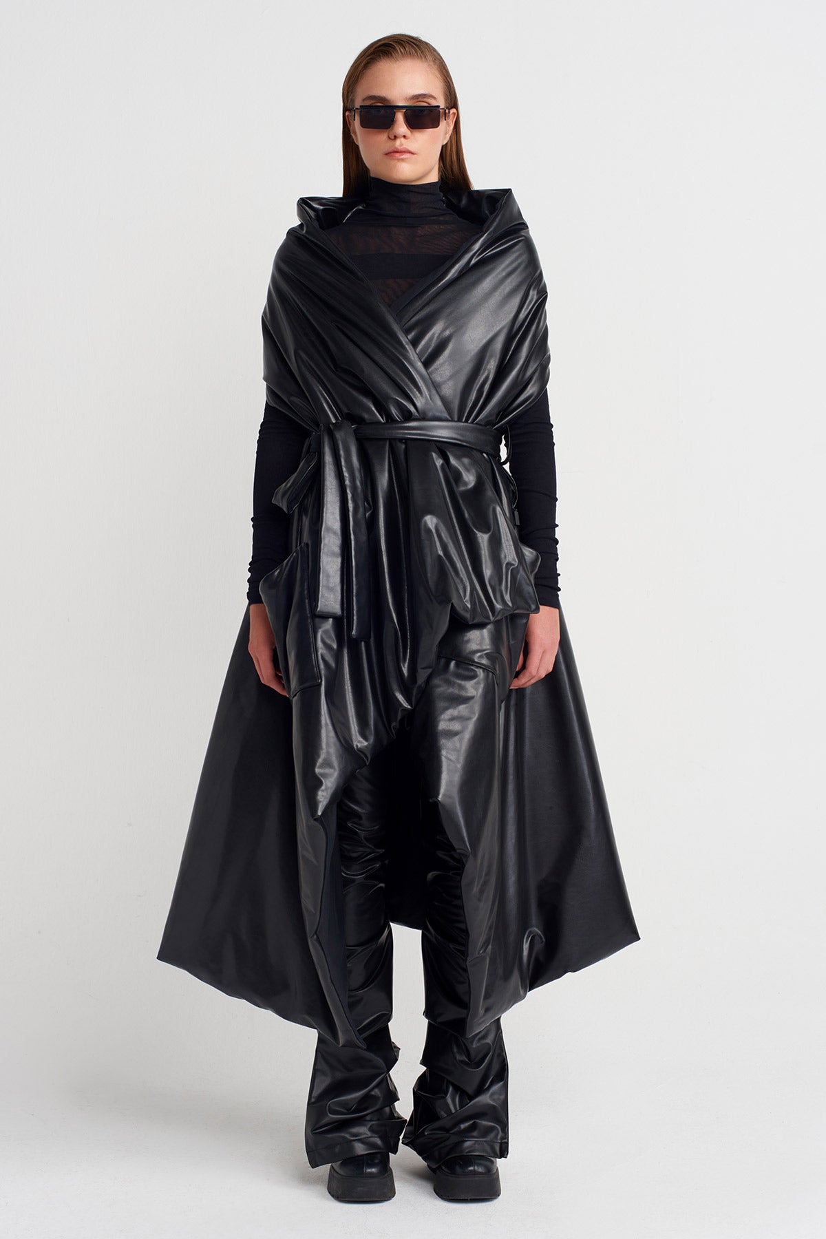 Black Oversized Pocket Vegan Leather Vest-K255015057