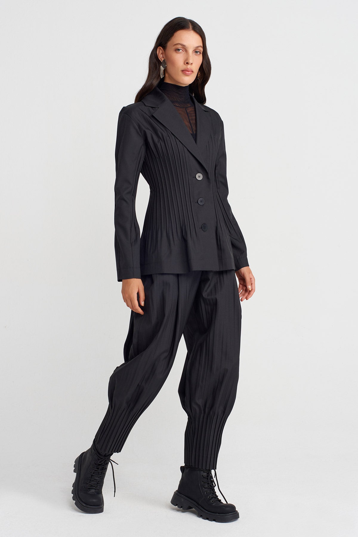 Black Jacket with Regional Pleat Detailing-K255015061