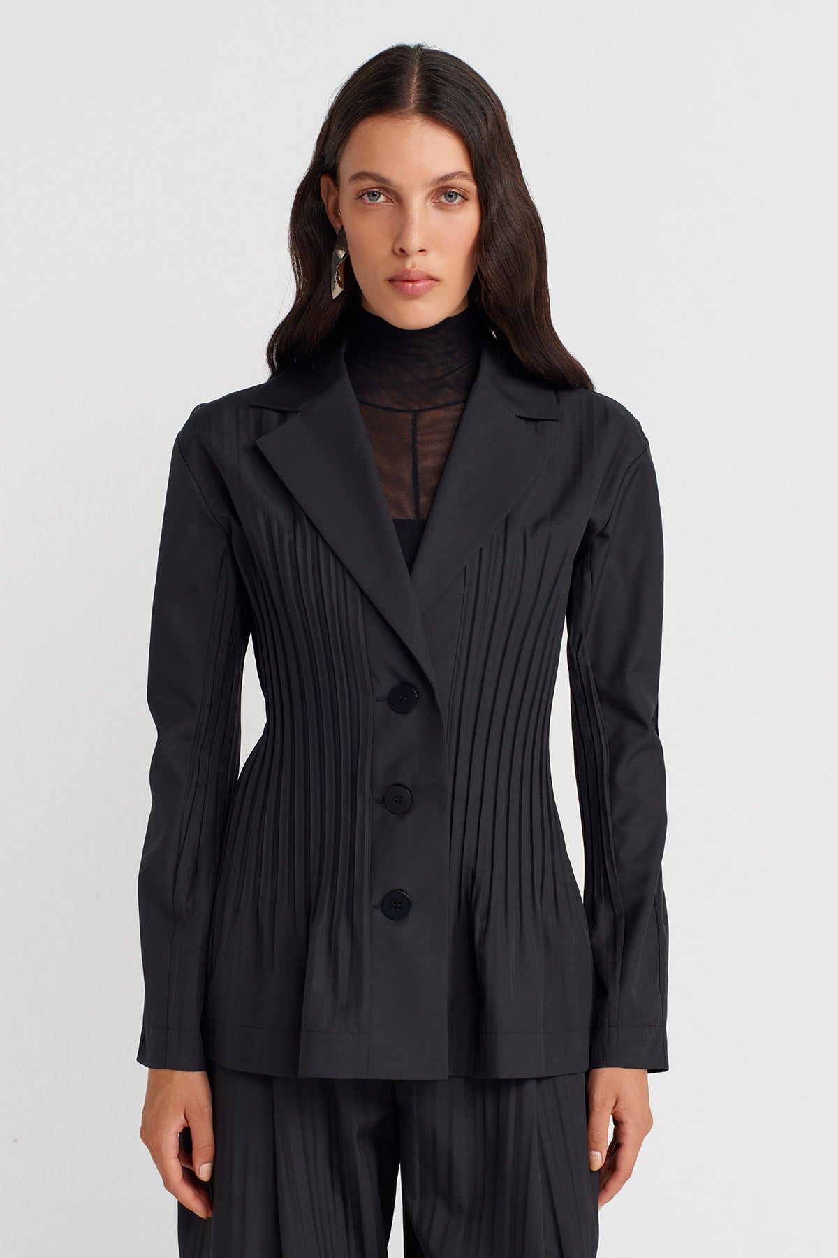 Black Jacket with Regional Pleat Detailing-K255015061