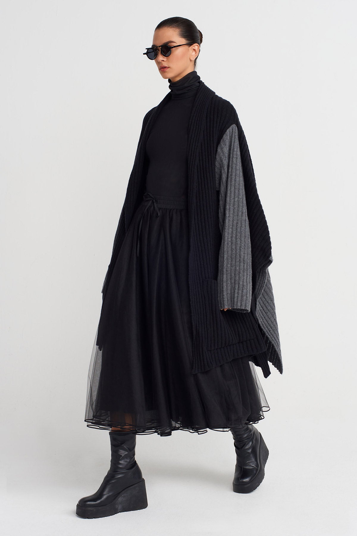 Grey Melange/Black Two-Tone Oversized Knit Cardigan-K255015069