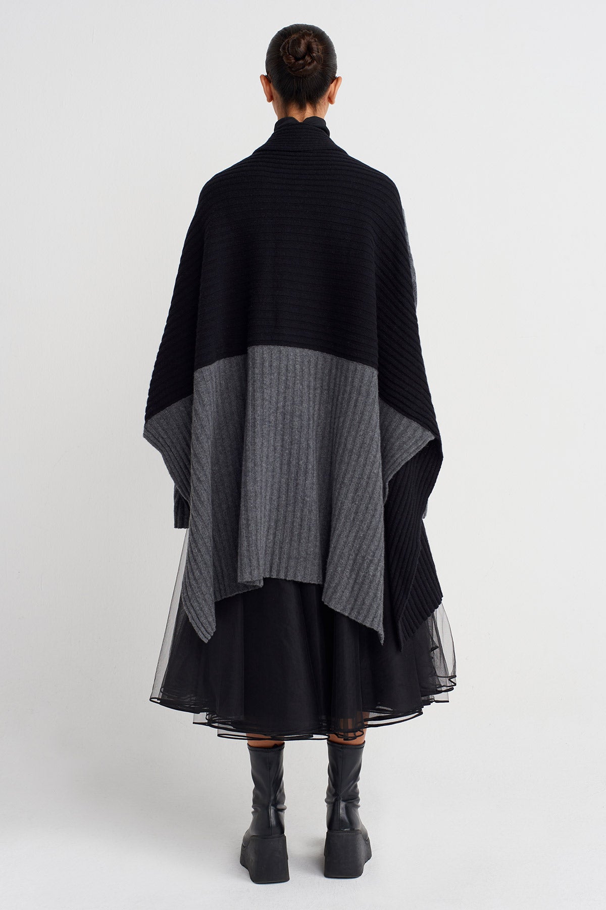 Grey Melange/Black Two-Tone Oversized Knit Cardigan-K255015069