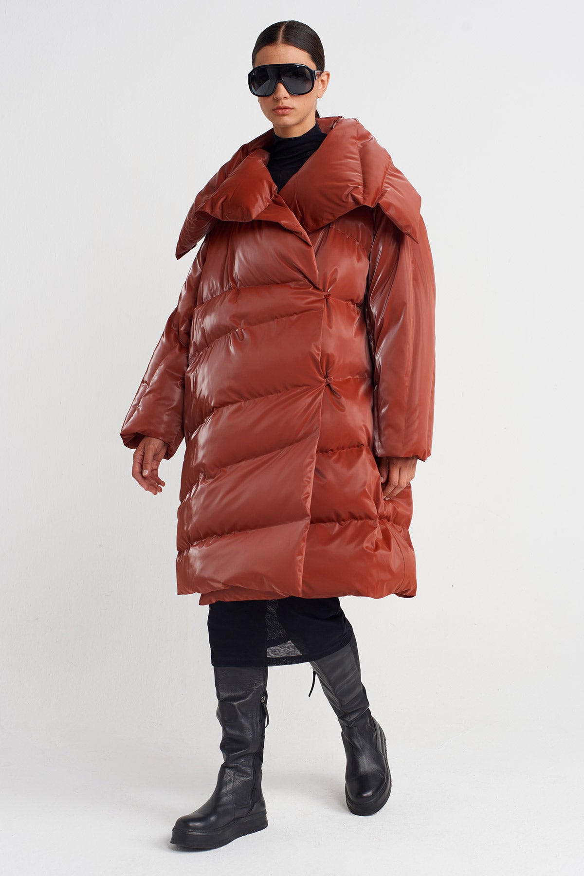 Copper Vegan Leather Puffer Coat-K255015072