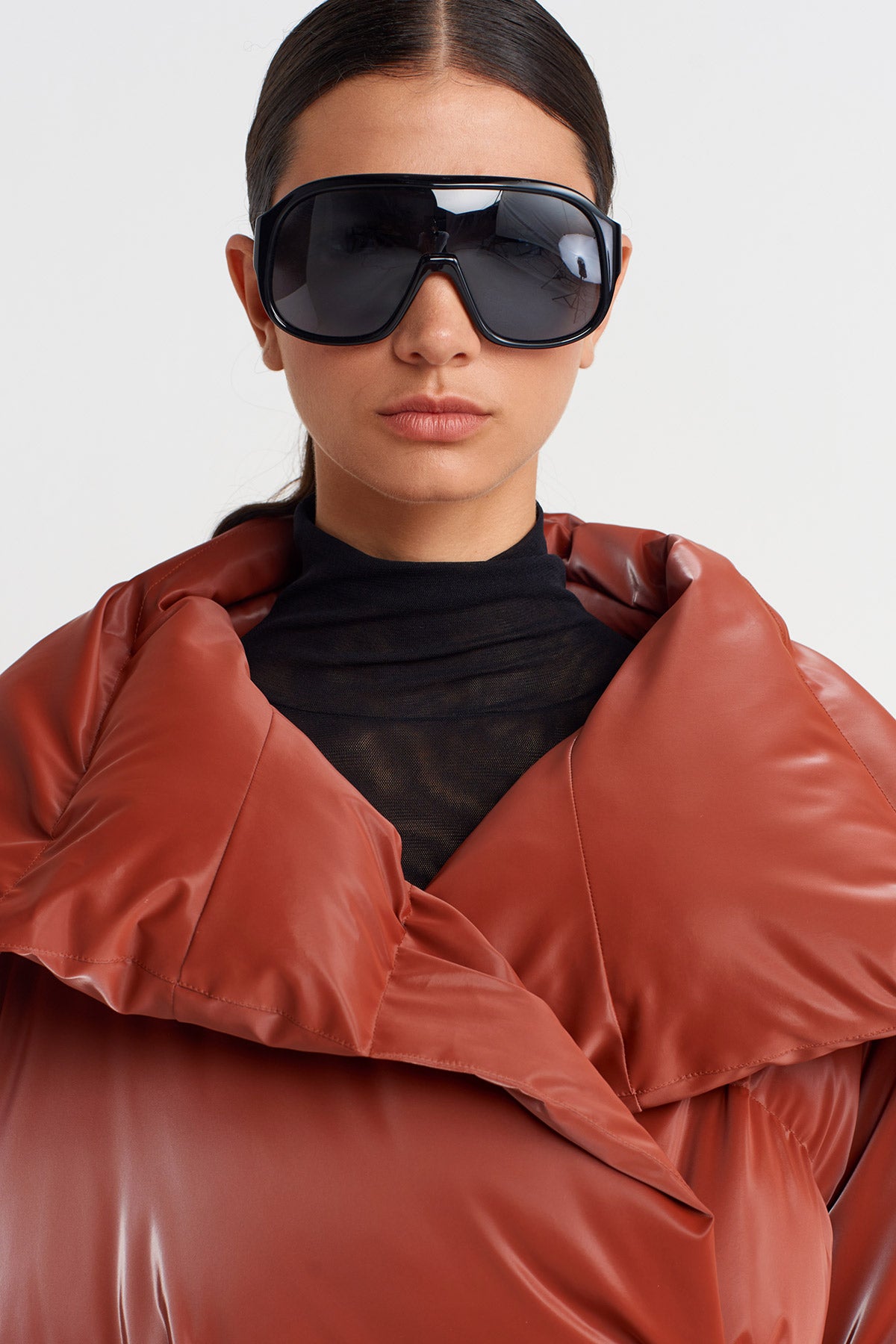 Copper Vegan Leather Puffer Coat-K255015072