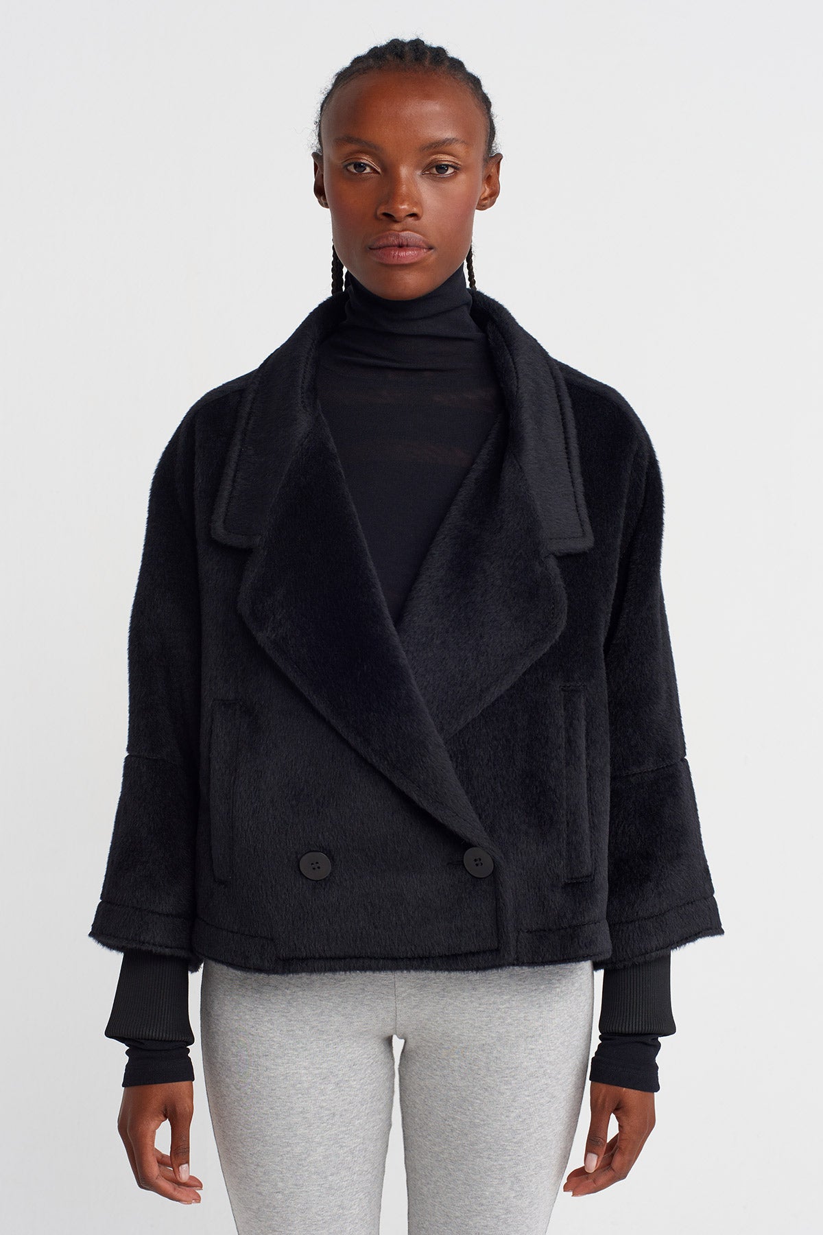 Black Fuzzy Short Blazer Jacket-K255015073
