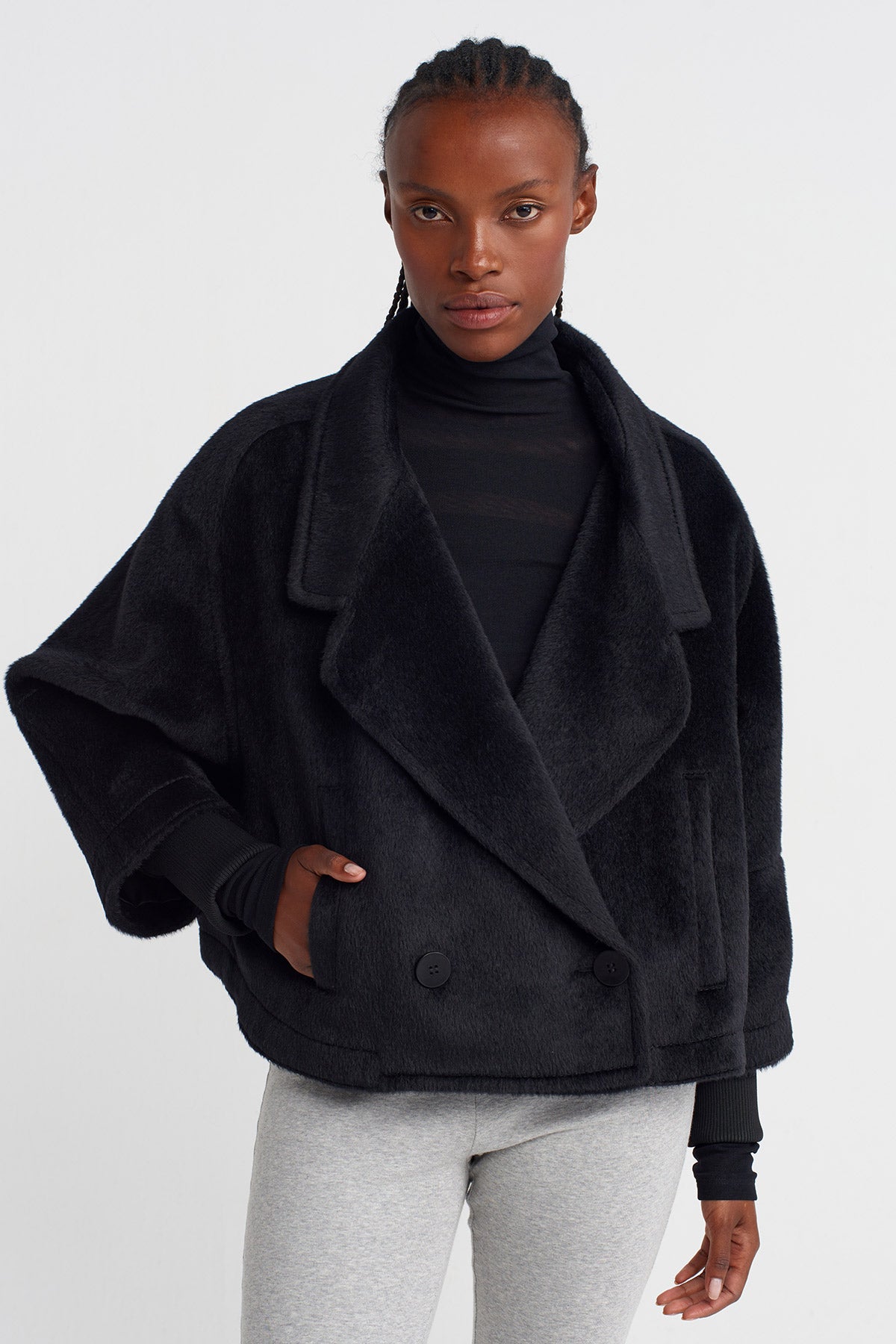 Black Fuzzy Short Blazer Jacket-K255015073