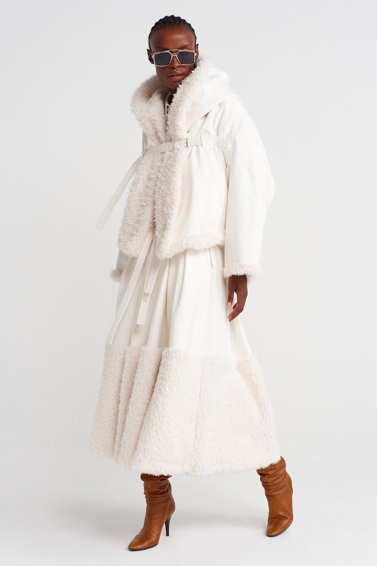Off White Chest-Belted, Fur-Lined Denim Jacket-K255015093