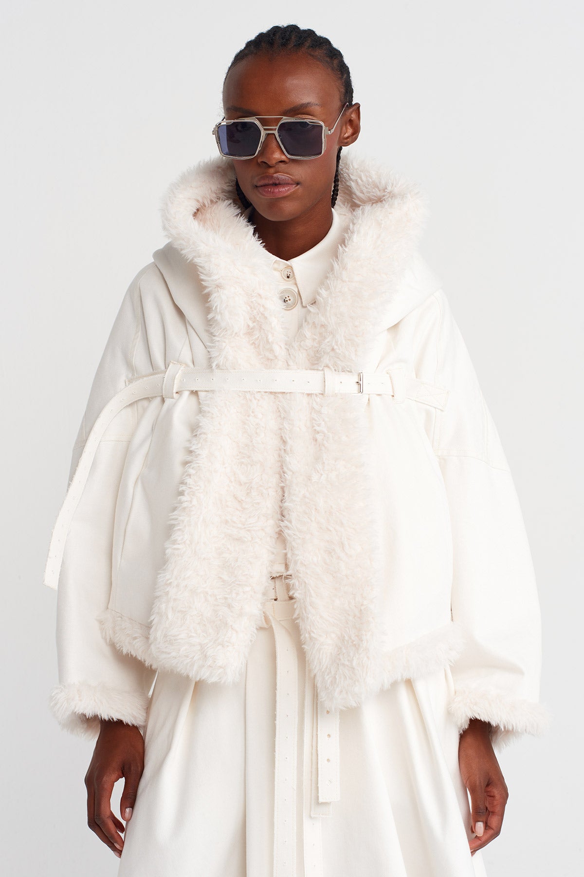 Off White Chest-Belted, Fur-Lined Denim Jacket-K255015093