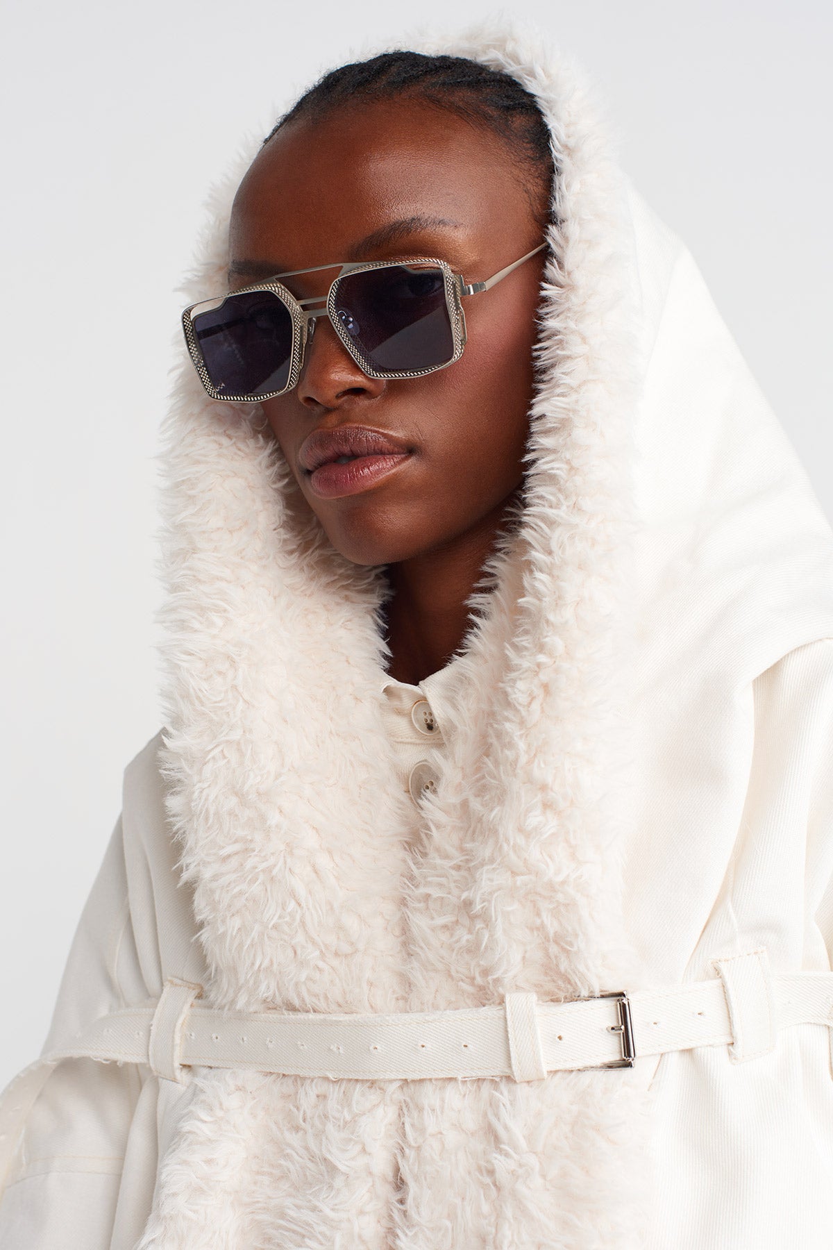 Off White Chest-Belted, Fur-Lined Denim Jacket-K255015093