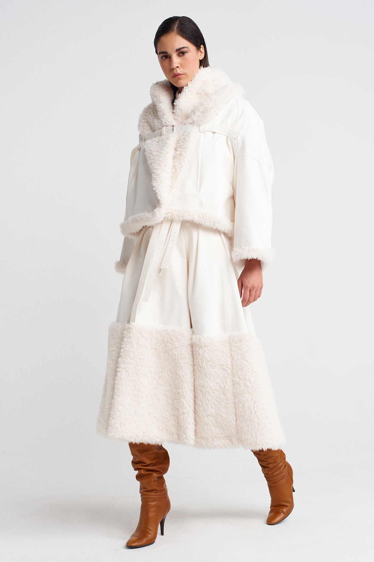 Off White Chest-Belted, Fur-Lined Denim Jacket-K255015093