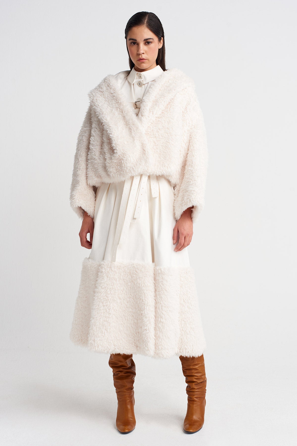 Off White Chest-Belted, Fur-Lined Denim Jacket-K255015093
