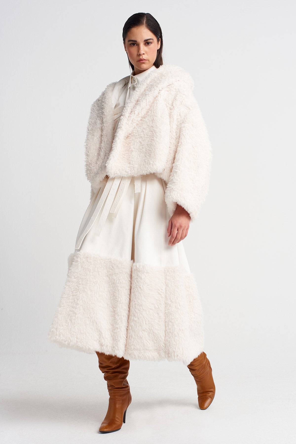 Off White Chest-Belted, Fur-Lined Denim Jacket-K255015093