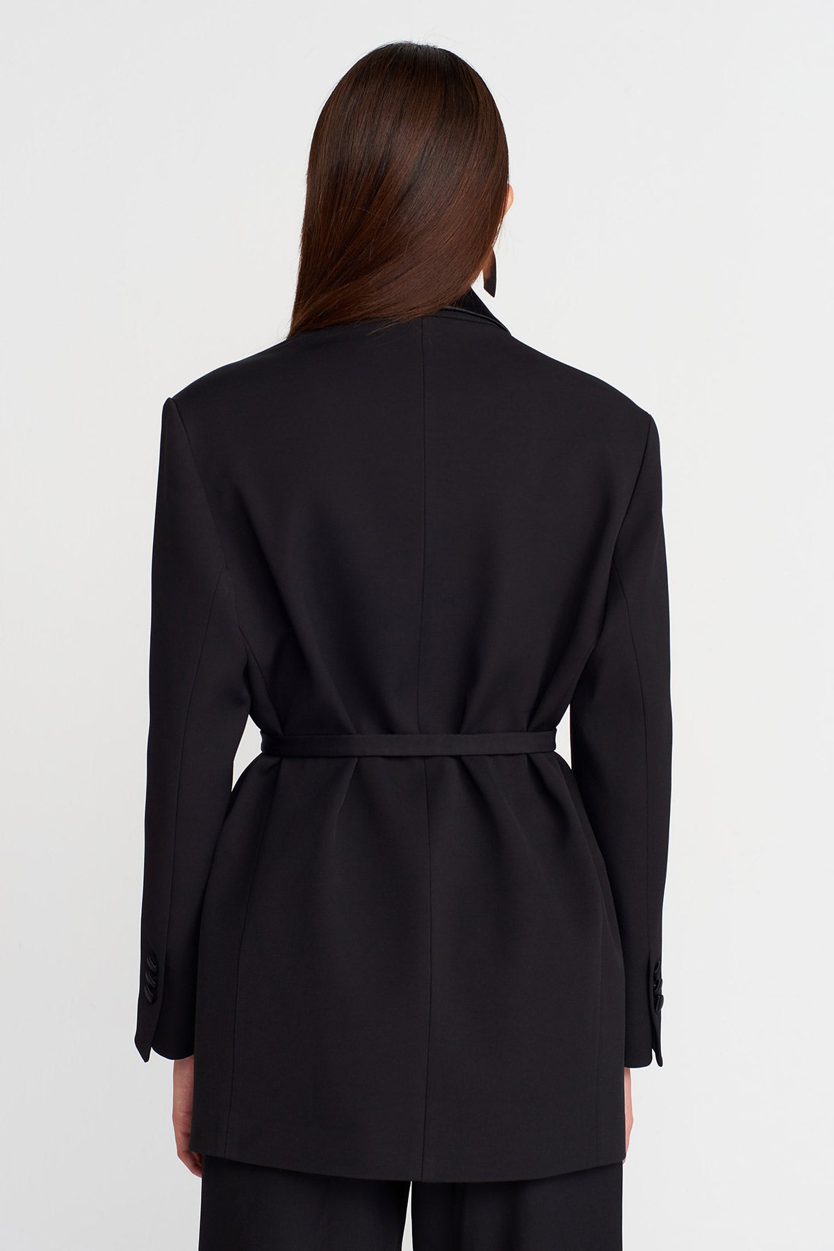 Black Satin Lapel Belted Blazer-K255015095