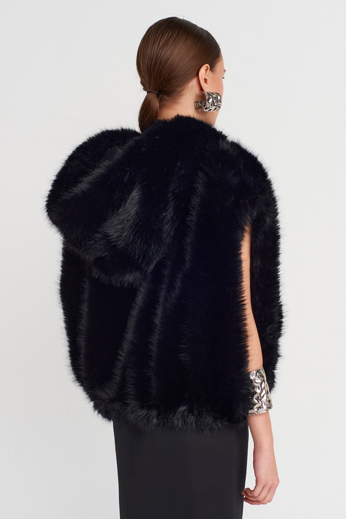 Black Vegan Fur Hooded Vest-K255015098
