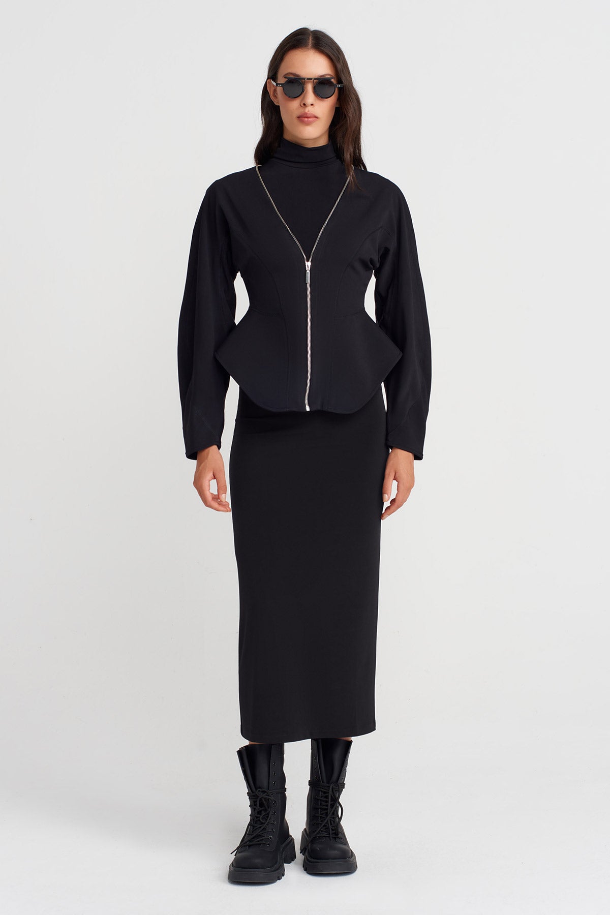 Black Fitted Jersey Jacket with Zipper-K255015103
