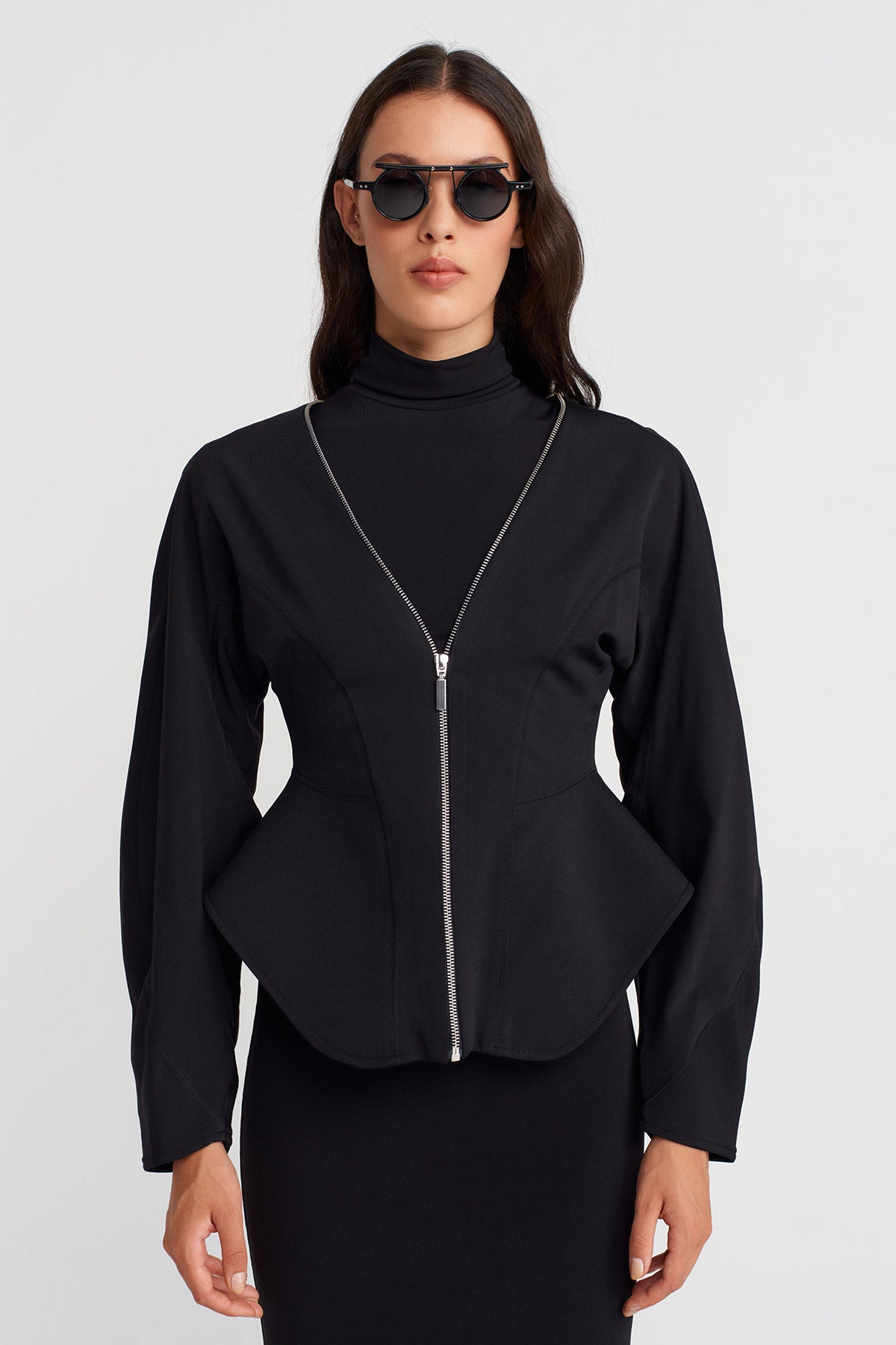Black Fitted Jersey Jacket with Zipper-K255015103