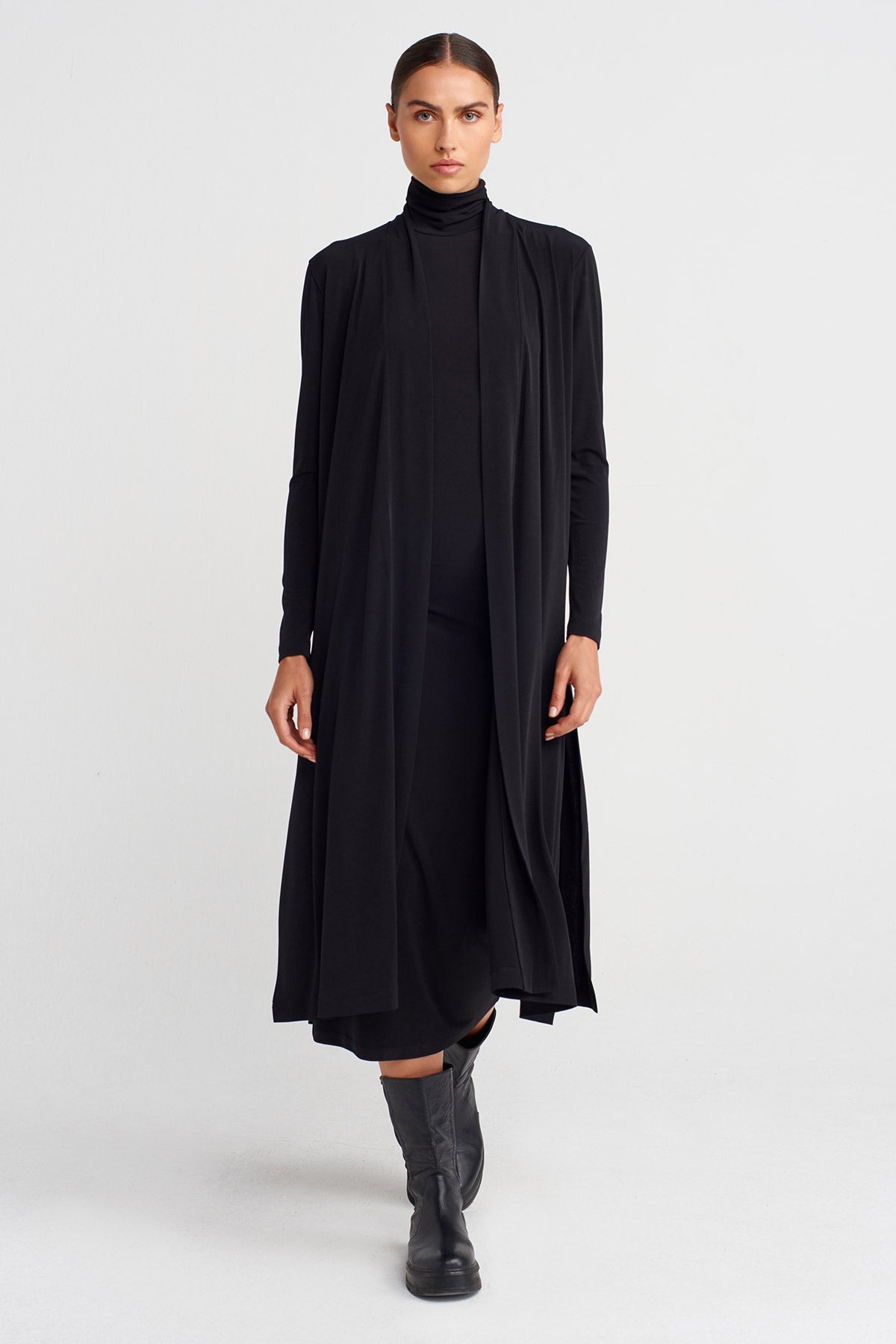 Black Long Jersey Cardigan with Back Slit-K255015104